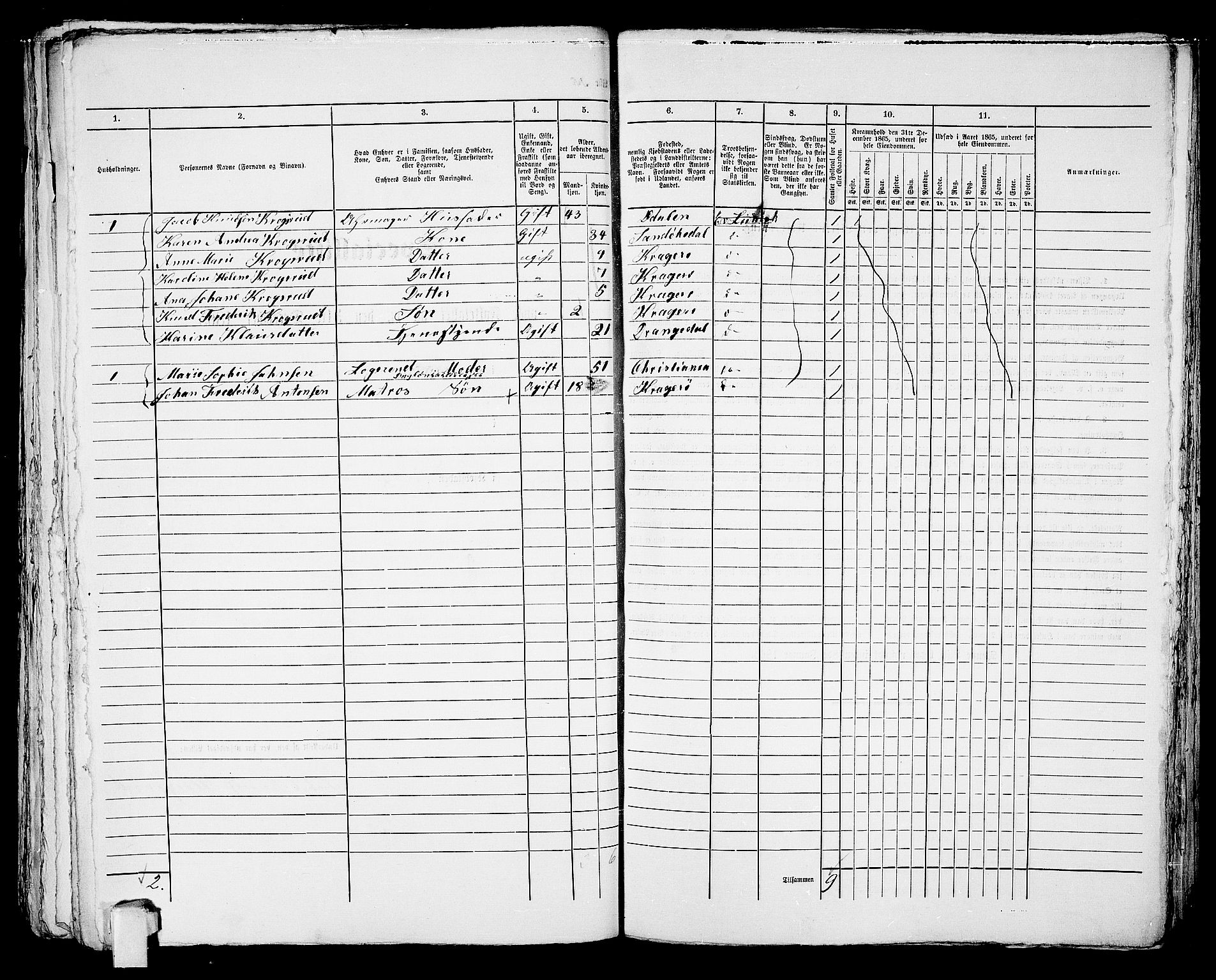 RA, 1865 census for Kragerø/Kragerø, 1865, p. 1053