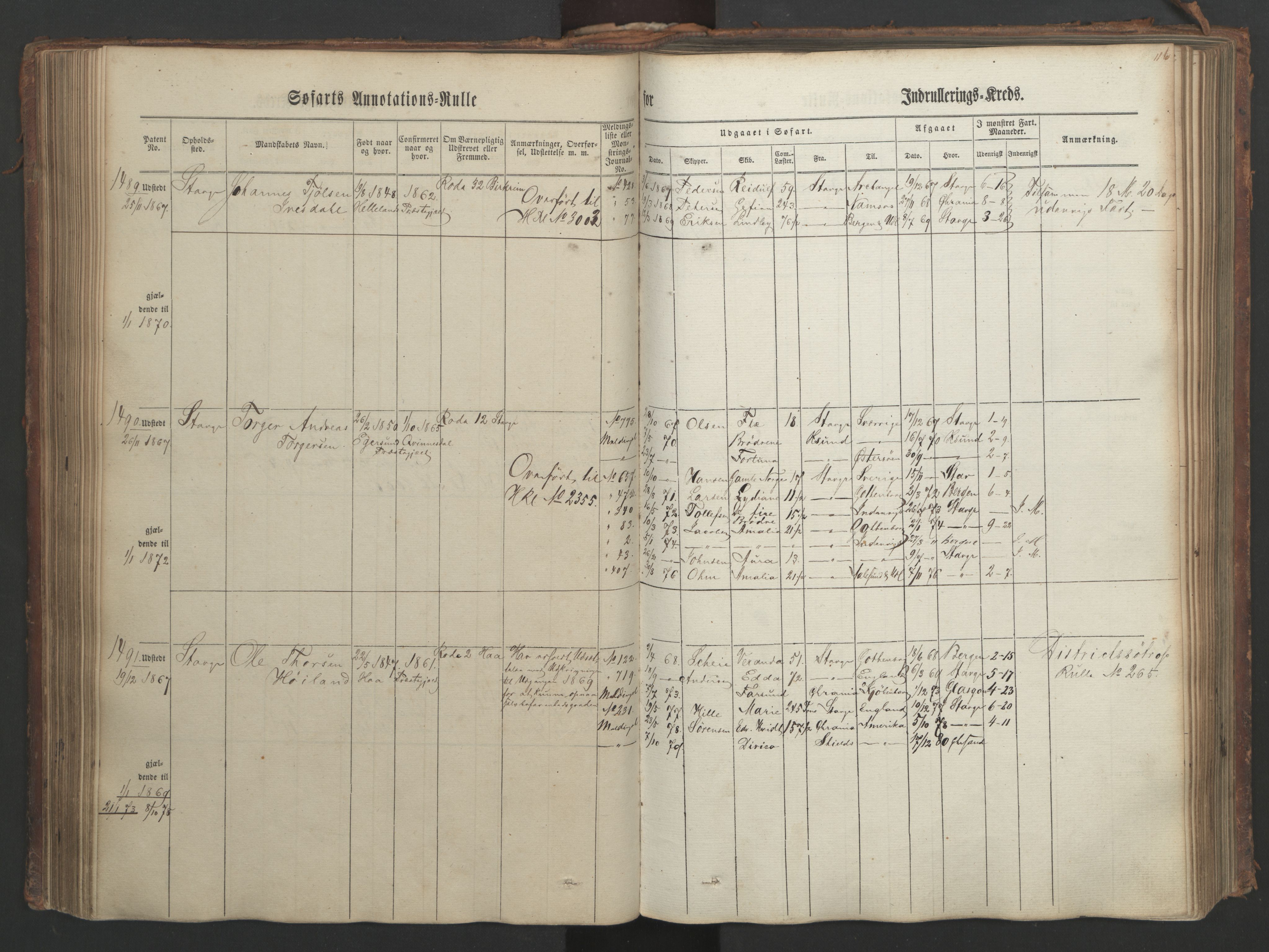 Stavanger sjømannskontor, AV/SAST-A-102006/F/Ff/L0003: Annotasjonsrulle, patentnr. 1144-1761, 1866, p. 134