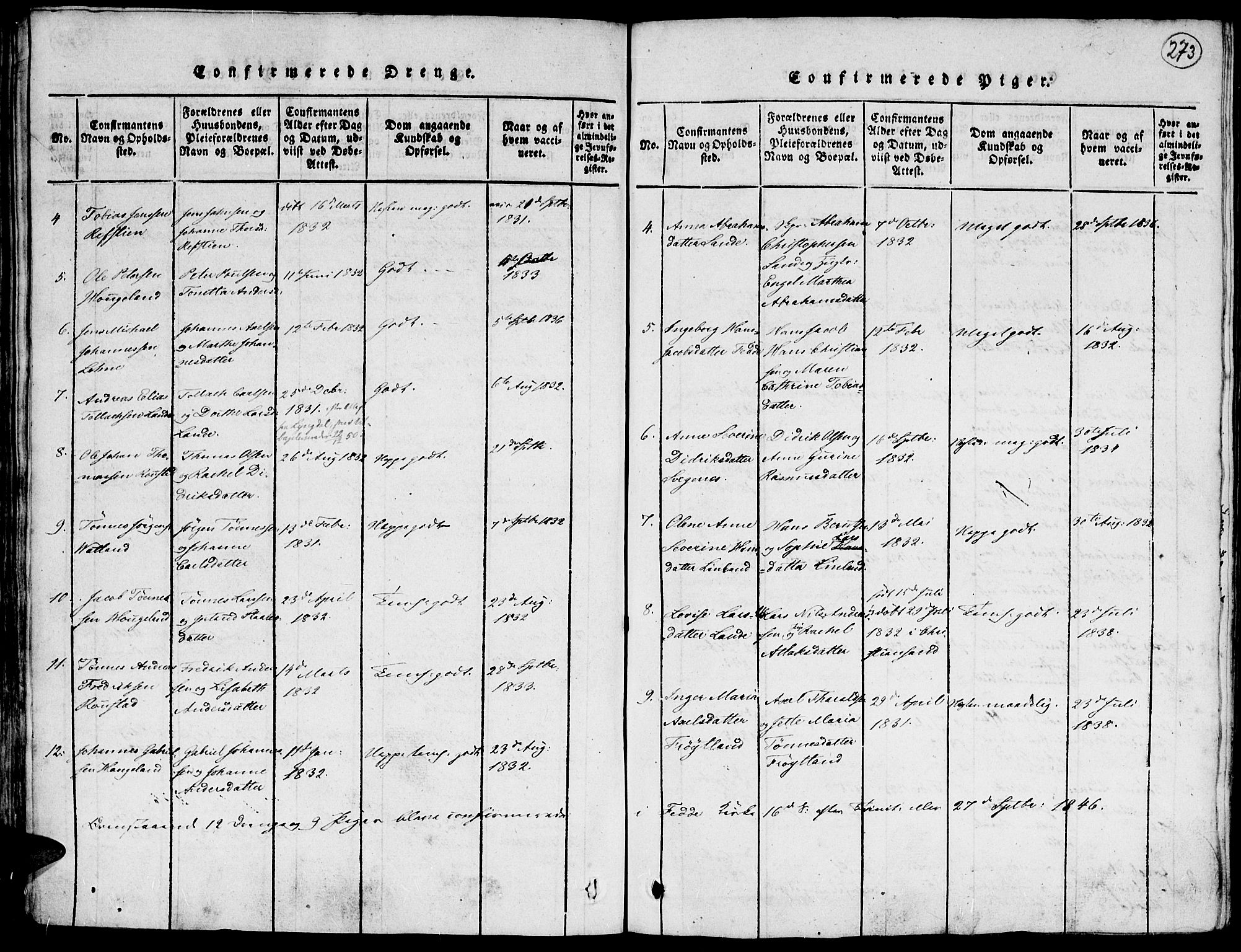 Kvinesdal sokneprestkontor, SAK/1111-0026/F/Fa/Faa/L0001: Parish register (official) no. A 1, 1815-1849, p. 273
