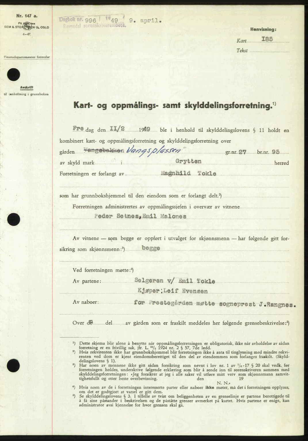 Romsdal sorenskriveri, AV/SAT-A-4149/1/2/2C: Mortgage book no. A29, 1949-1949, Diary no: : 996/1949