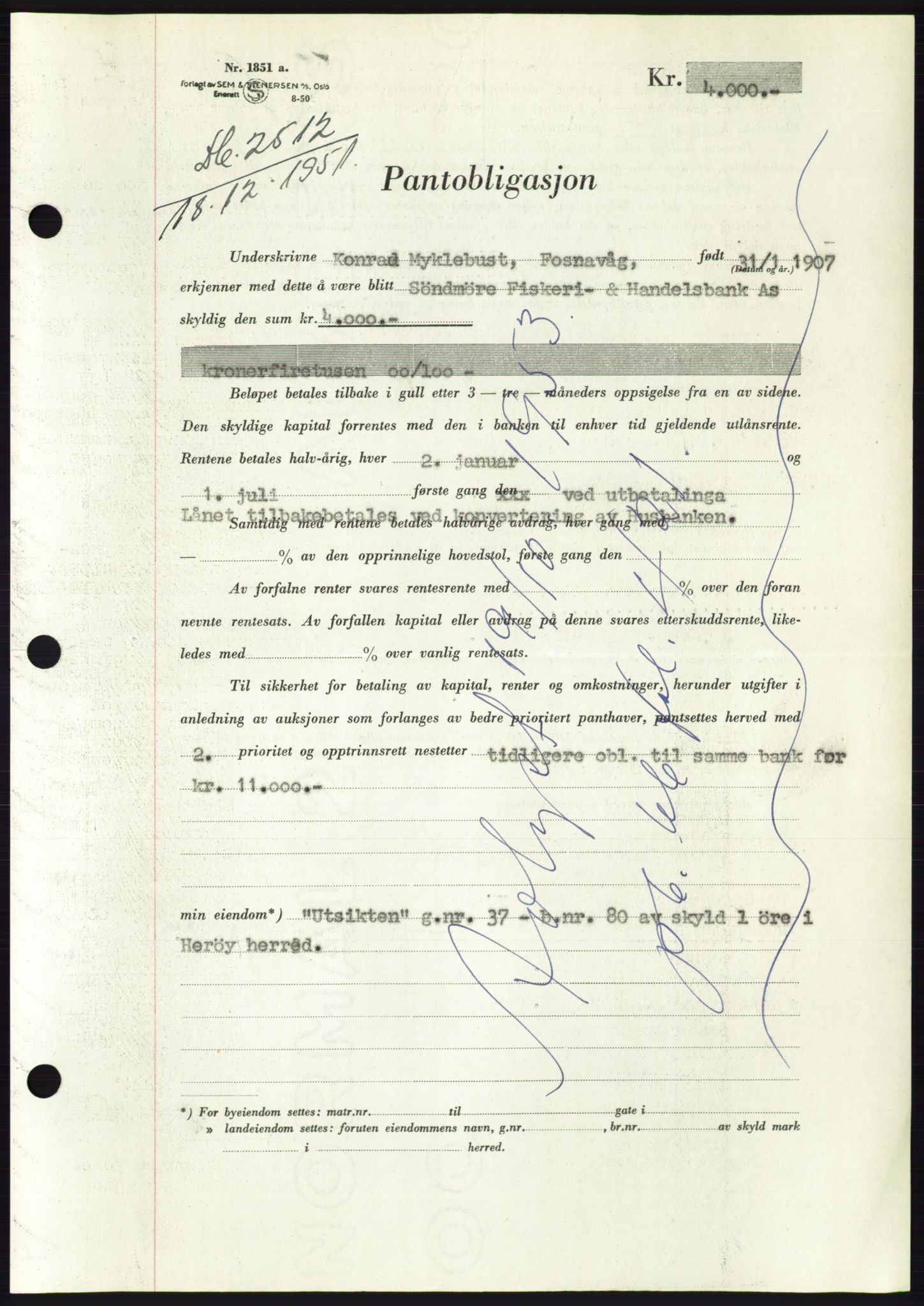 Søre Sunnmøre sorenskriveri, AV/SAT-A-4122/1/2/2C/L0121: Mortgage book no. 9B, 1951-1952, Diary no: : 2512/1951