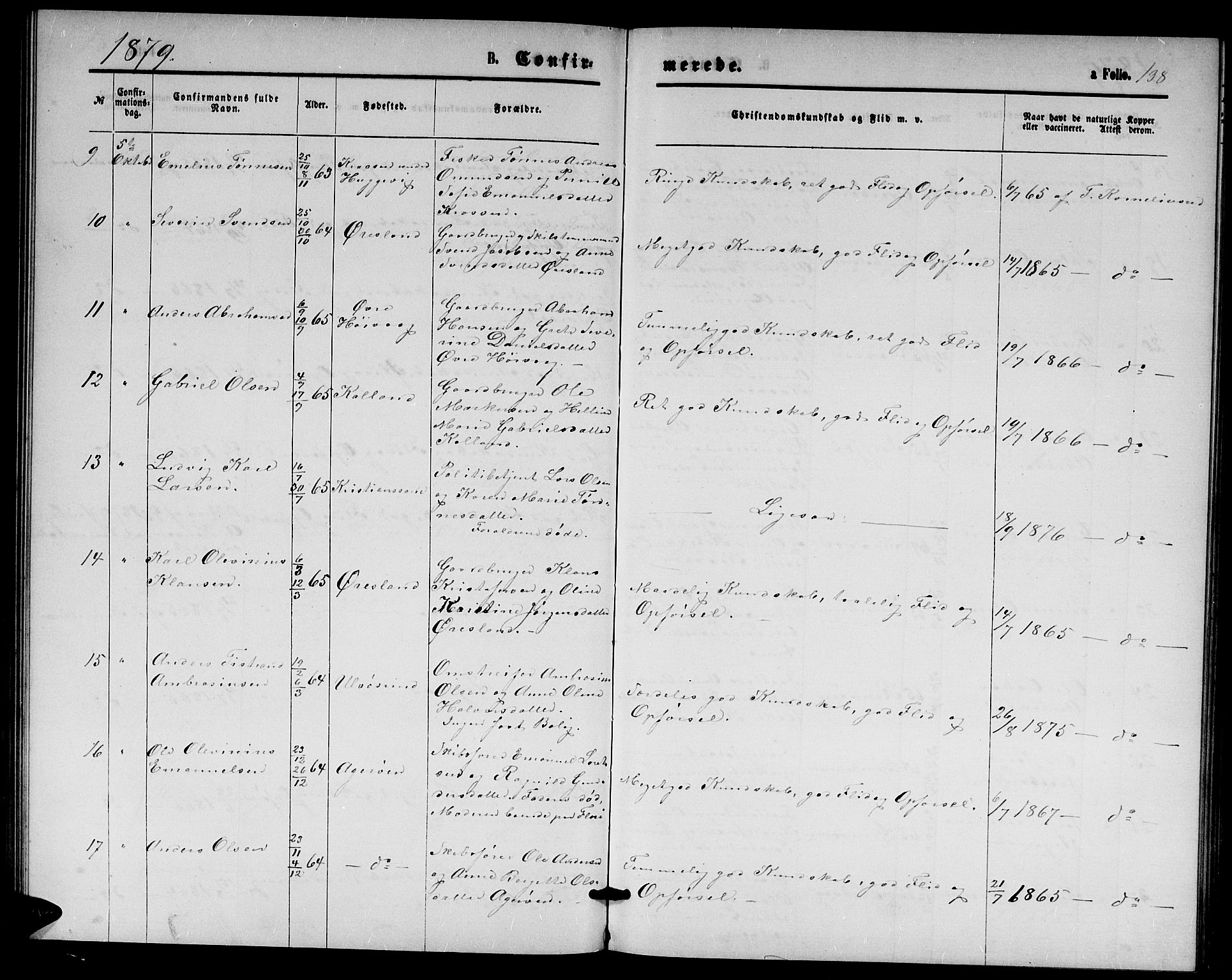 Høvåg sokneprestkontor, AV/SAK-1111-0025/F/Fb/L0003: Parish register (copy) no. B 3, 1870-1882, p. 138