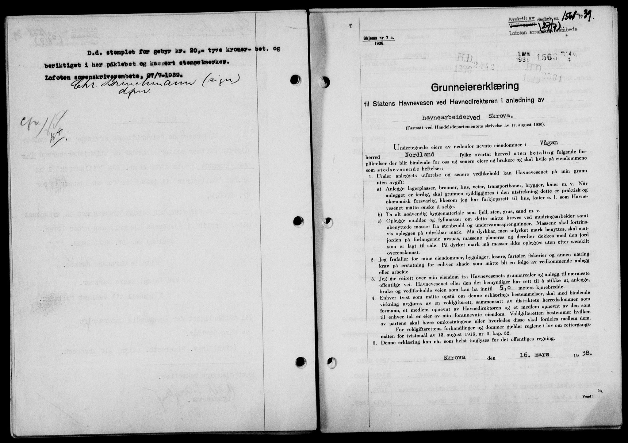 Lofoten sorenskriveri, AV/SAT-A-0017/1/2/2C/L0006a: Mortgage book no. 6a, 1939-1939, Diary no: : 1561/1939