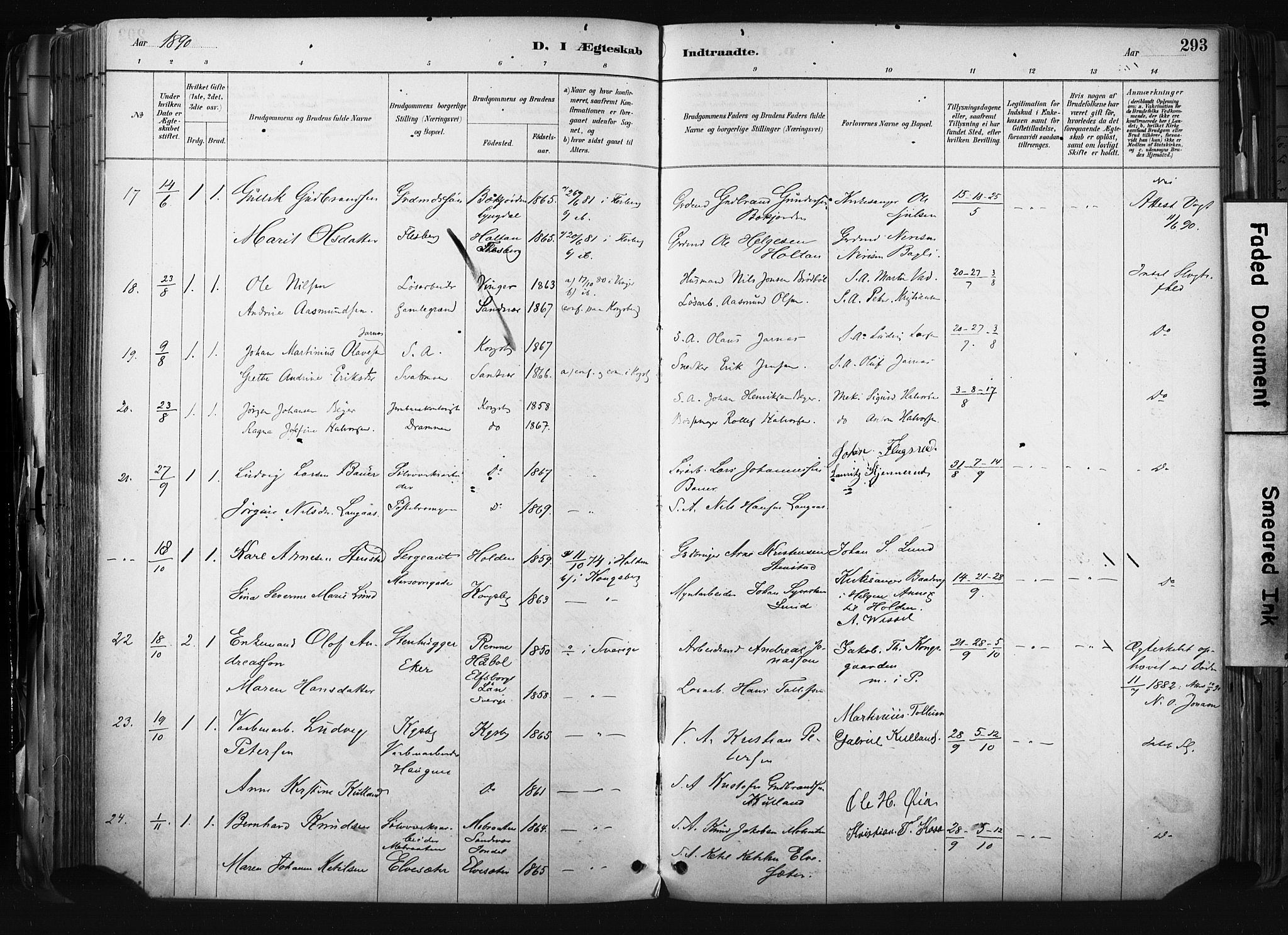 Kongsberg kirkebøker, AV/SAKO-A-22/F/Fb/L0002: Parish register (official) no. II 2, 1886-1896, p. 293