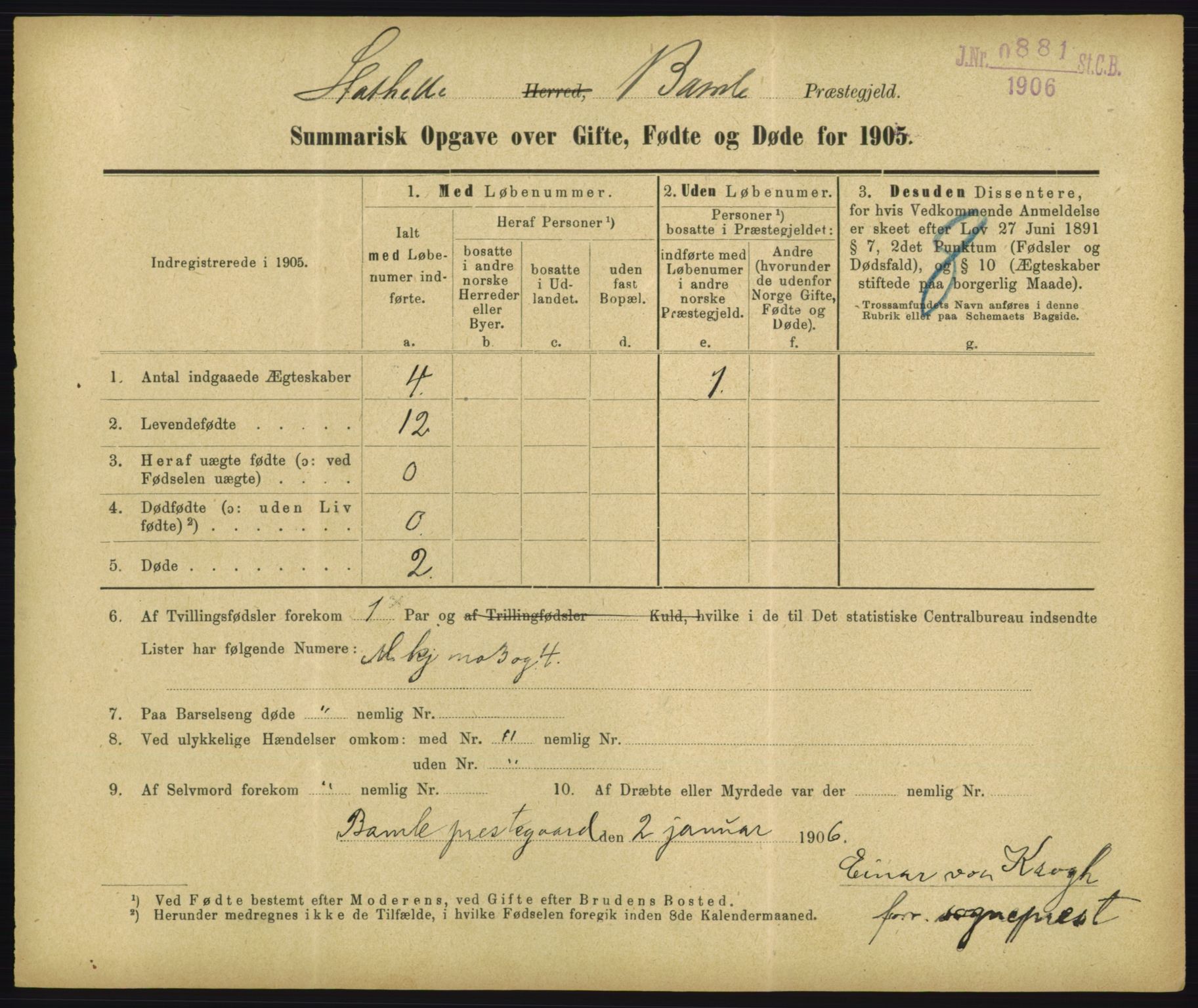 Statistisk sentralbyrå, Sosiodemografiske emner, Befolkning, RA/S-2228/D/Df/Dfa/Dfac/L0048: Summariske oppgaver over gifte, fødte, døde. Byer., 1905, p. 105