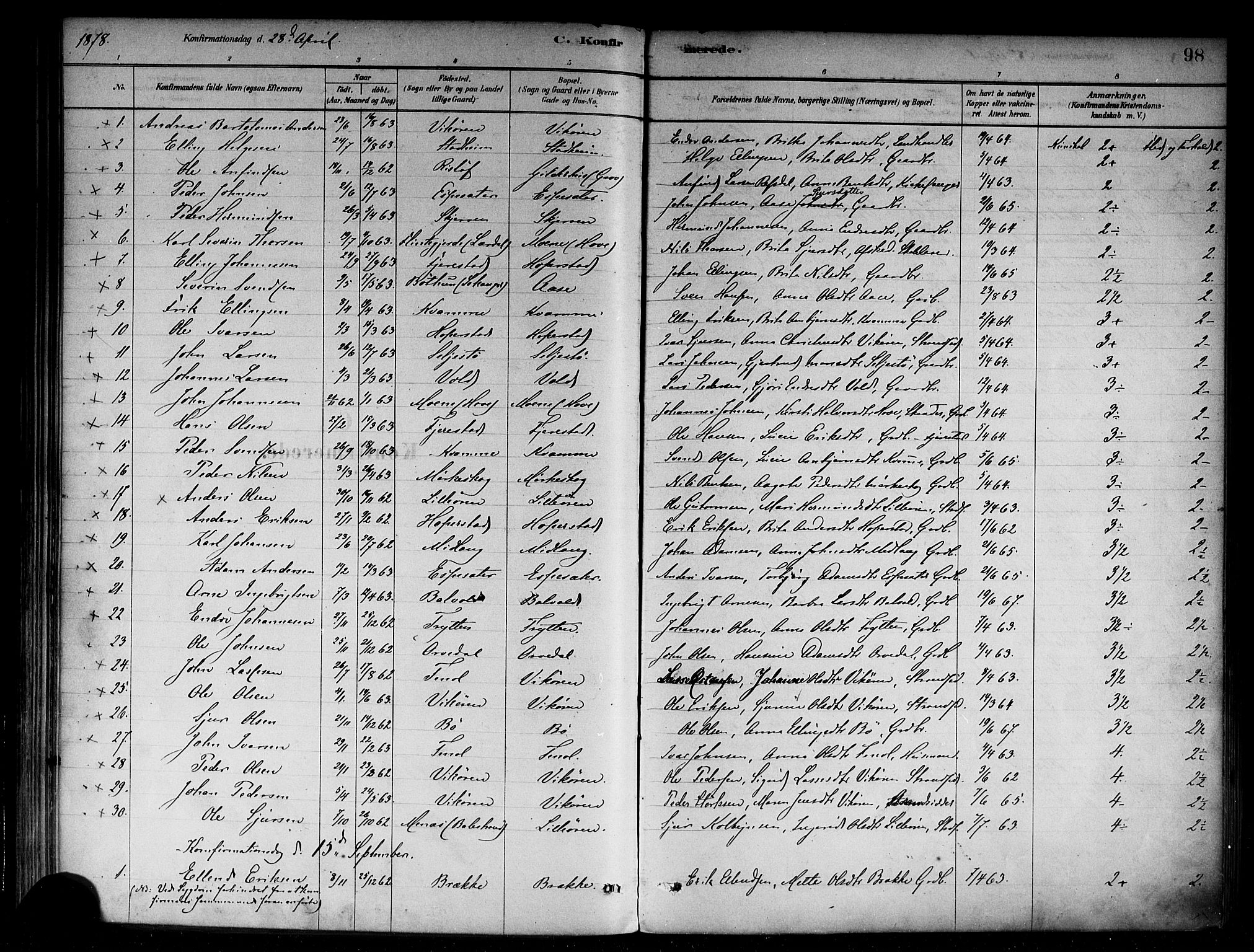Vik sokneprestembete, SAB/A-81501: Parish register (official) no. B 1, 1878-1890, p. 98