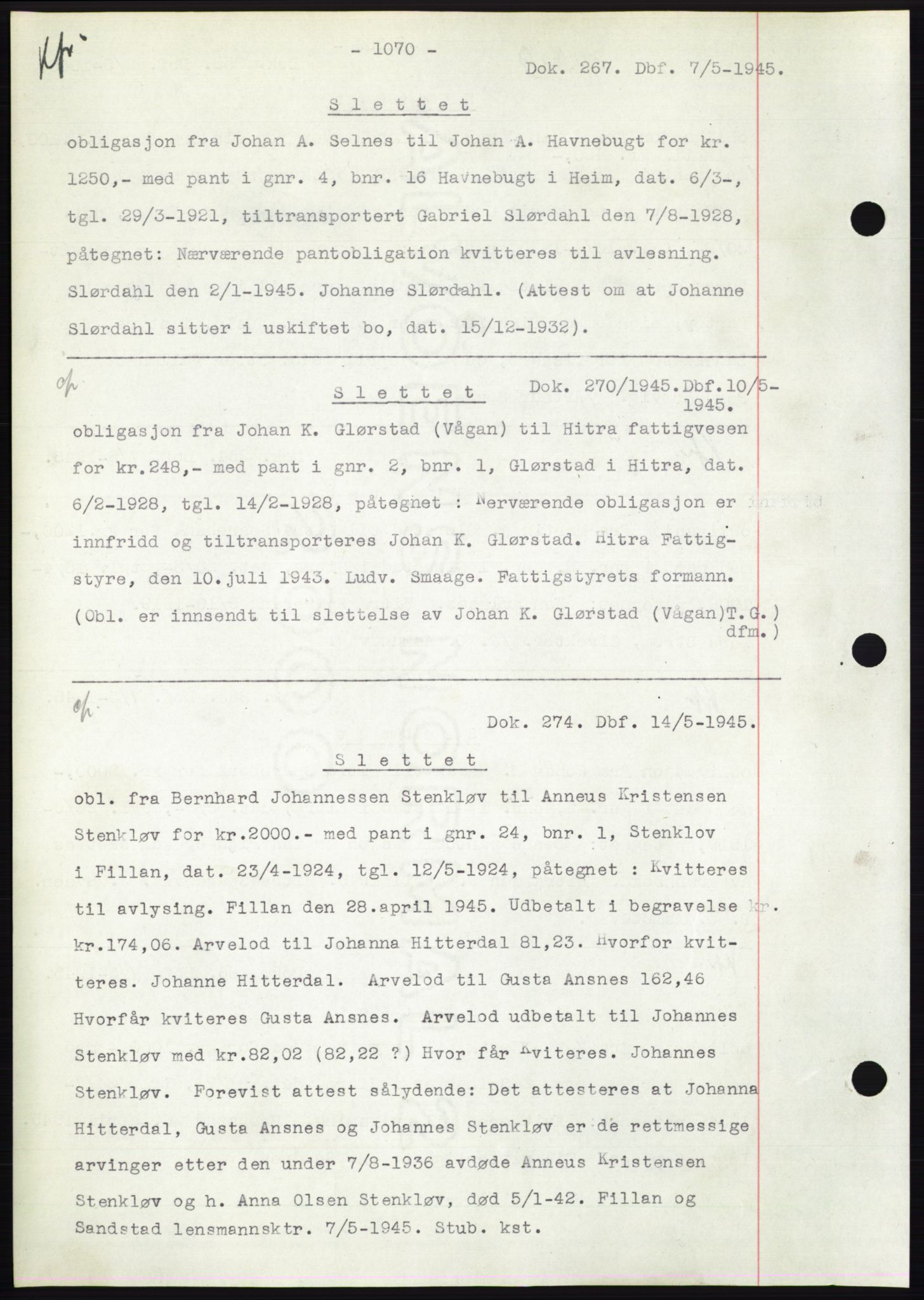 Hitra sorenskriveri, AV/SAT-A-0018/2/2C/2Ca: Mortgage book no. C1, 1936-1945, Diary no: : 267/1945