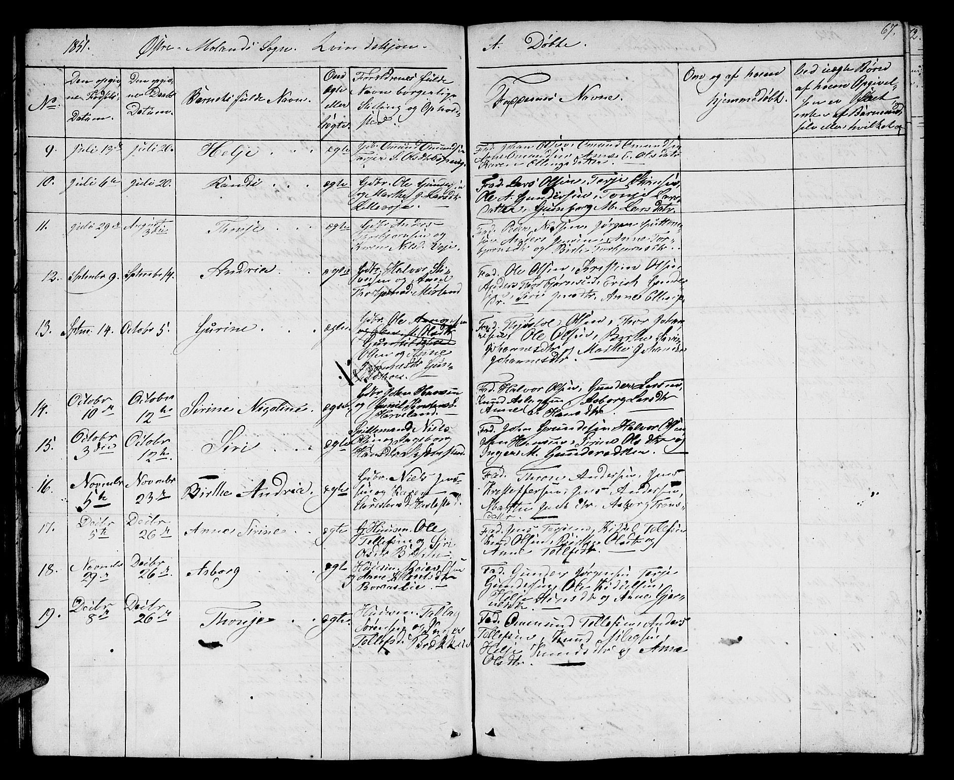 Austre Moland sokneprestkontor, SAK/1111-0001/F/Fb/Fba/L0001: Parish register (copy) no. B 1, 1842-1868, p. 67