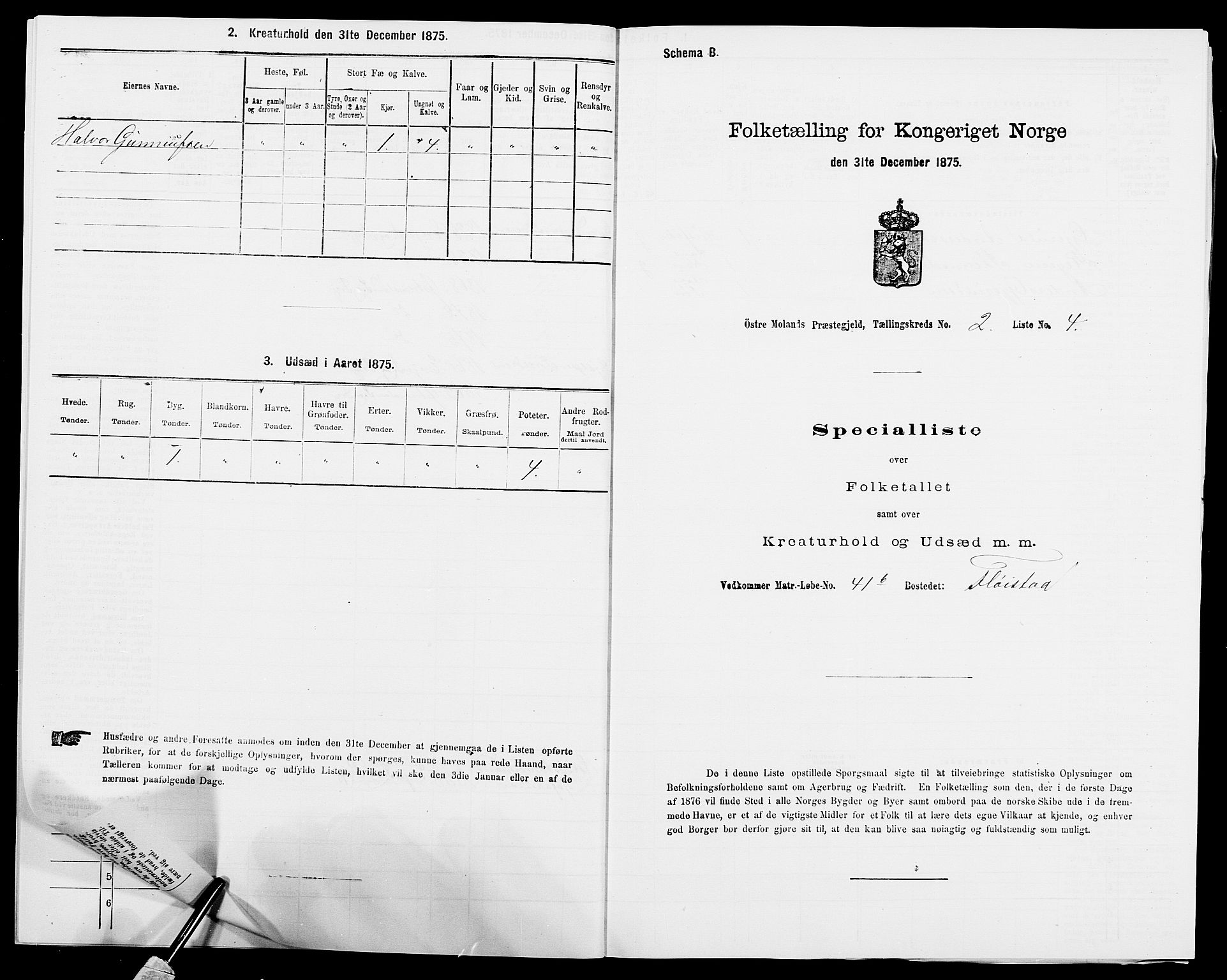 SAK, 1875 census for 0918P Austre Moland, 1875, p. 2880