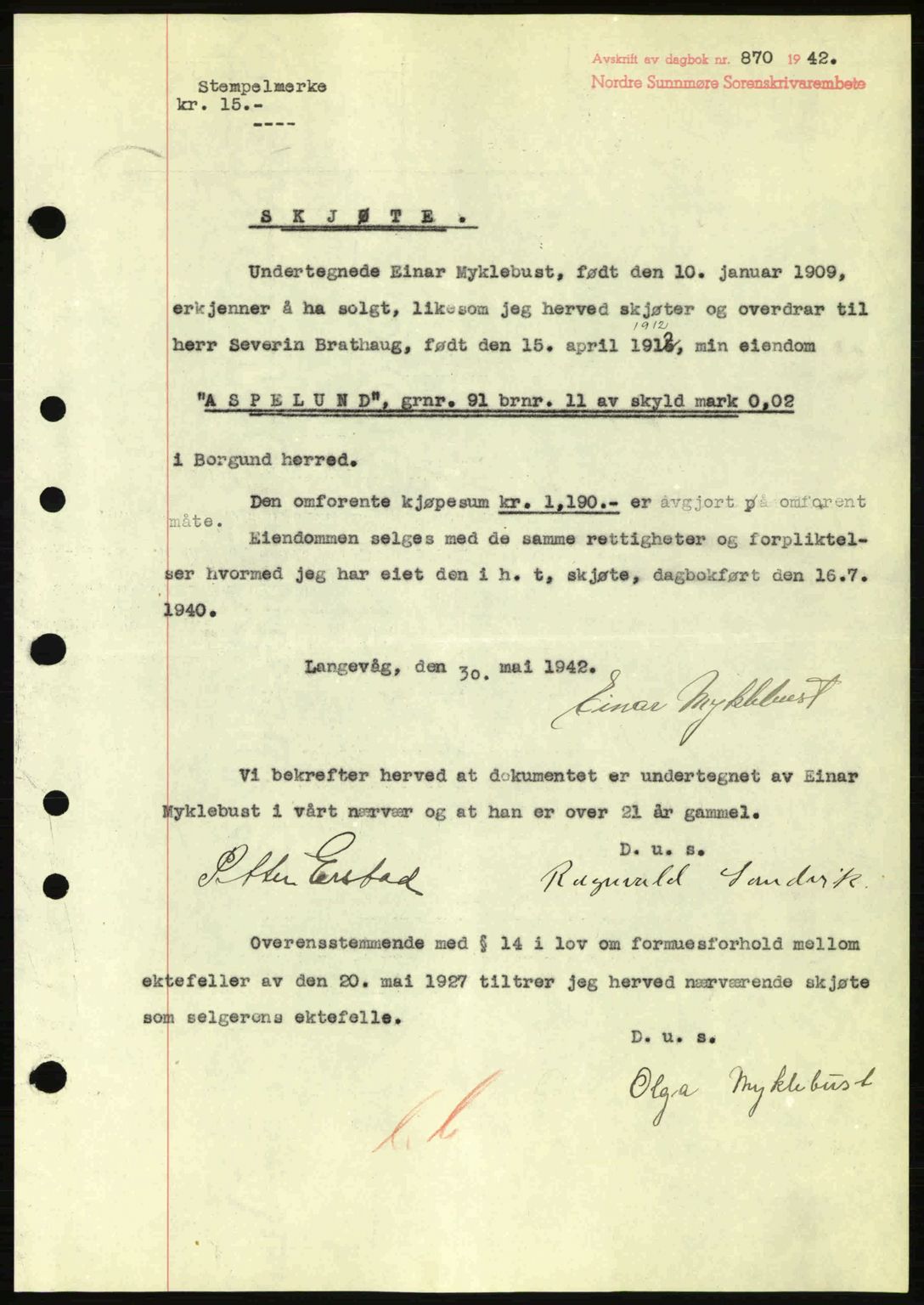 Nordre Sunnmøre sorenskriveri, AV/SAT-A-0006/1/2/2C/2Ca: Mortgage book no. A13, 1942-1942, Diary no: : 870/1942