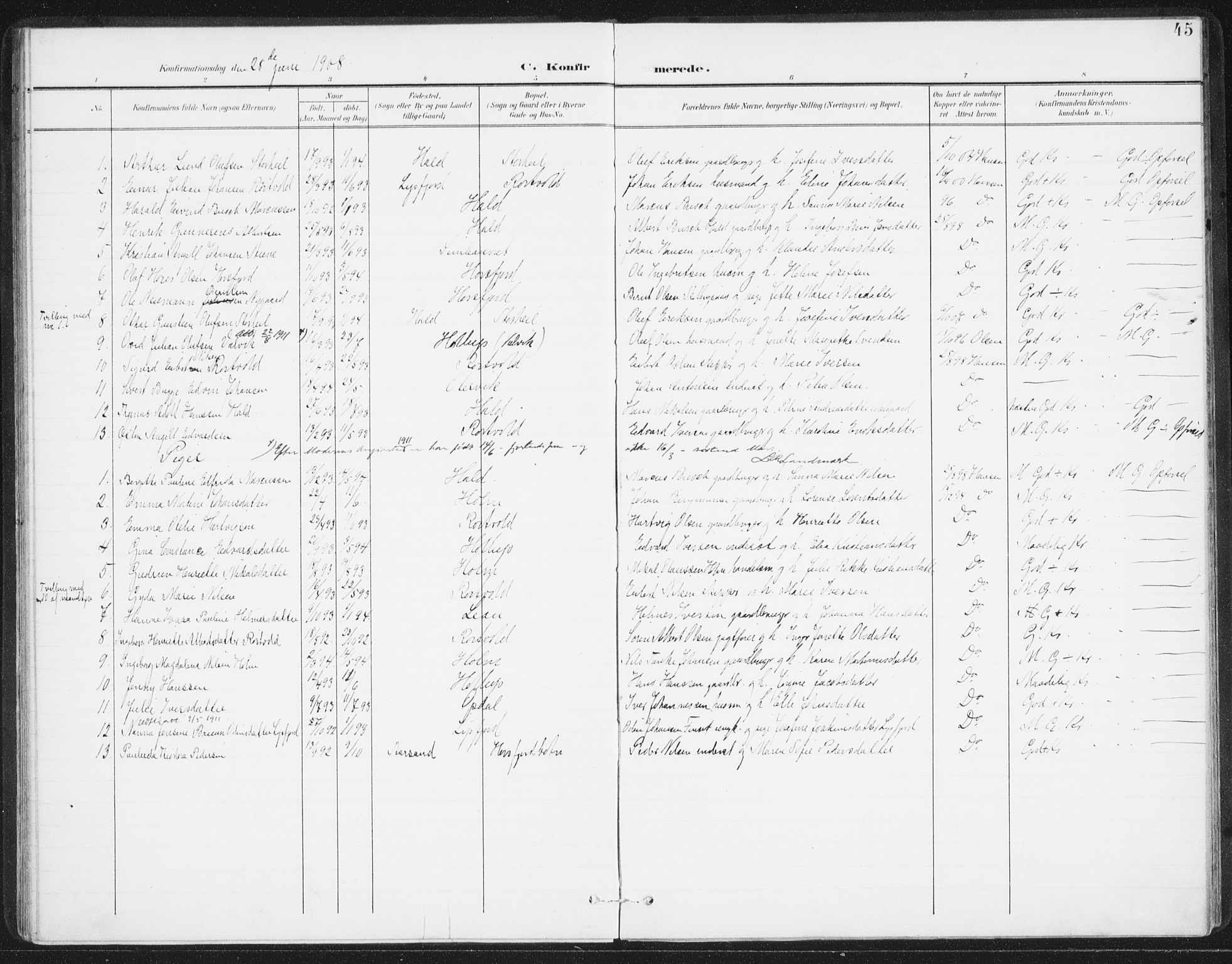 Ministerialprotokoller, klokkerbøker og fødselsregistre - Nordland, AV/SAT-A-1459/811/L0167: Parish register (official) no. 811A04, 1899-1913, p. 45