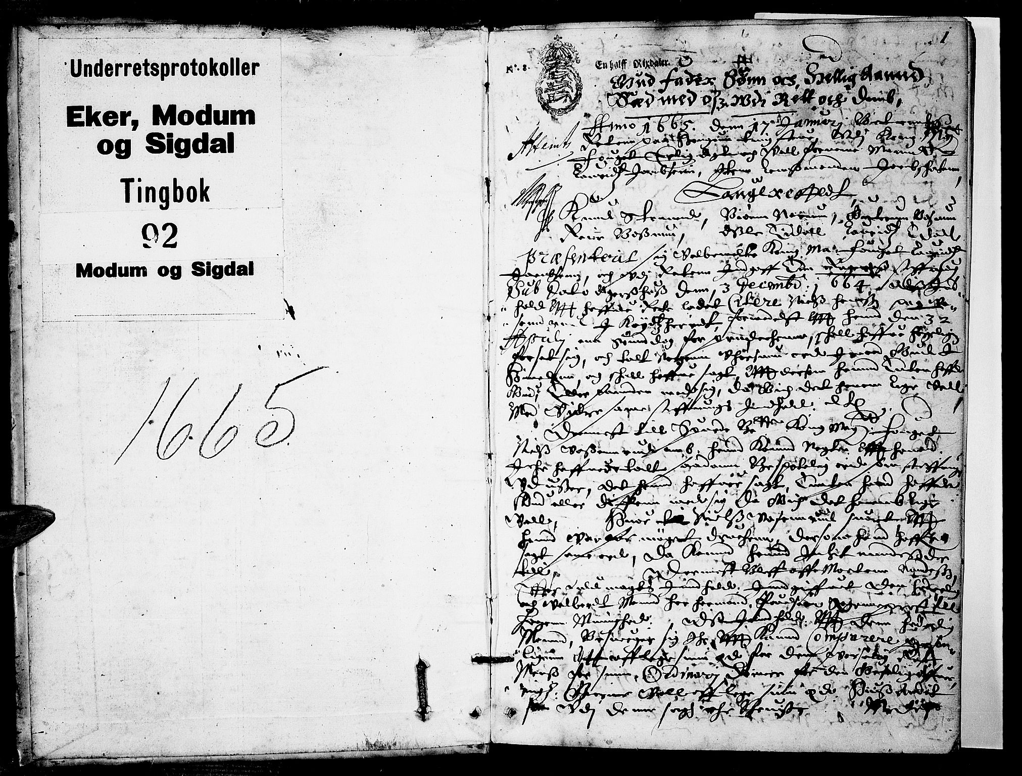 Eiker, Modum og Sigdal sorenskriveri, AV/SAKO-A-123/F/Fa/Faa/L0031: Tingbok, 1665, p. 1