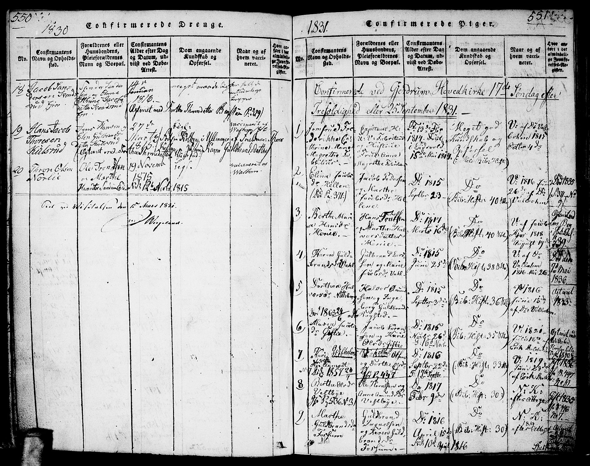 Gjerdrum prestekontor Kirkebøker, AV/SAO-A-10412b/G/Ga/L0001: Parish register (copy) no. I 1, 1816-1837, p. 550-551