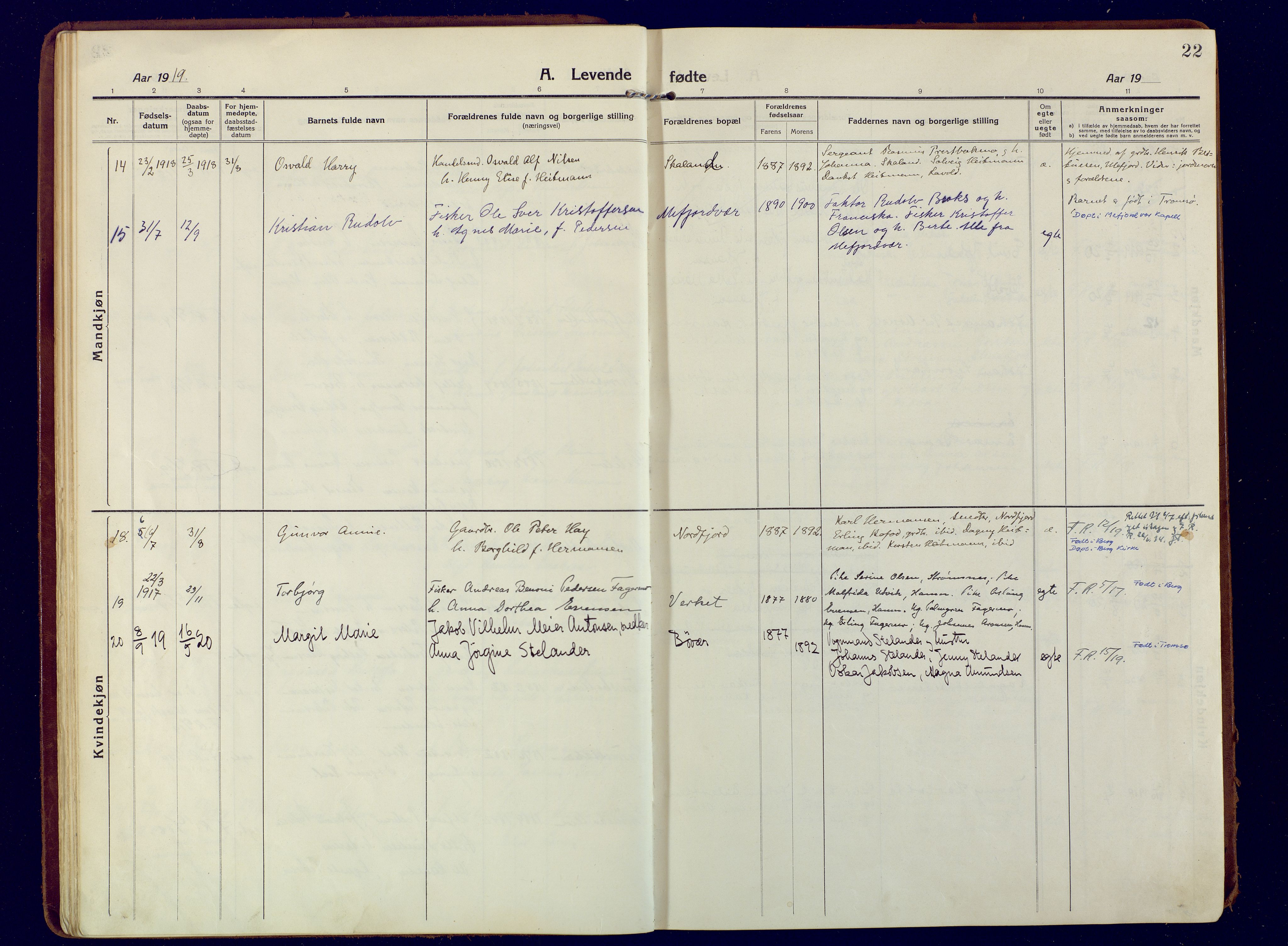 Berg sokneprestkontor, AV/SATØ-S-1318/G/Ga/Gaa/L0009kirke: Parish register (official) no. 9, 1916-1928, p. 22