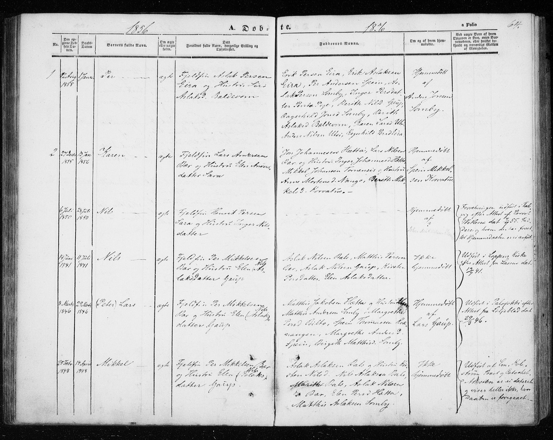 Kautokeino sokneprestembete, SATØ/S-1340/H/Ha/L0002.kirke: Parish register (official) no. 2, 1843-1861, p. 64