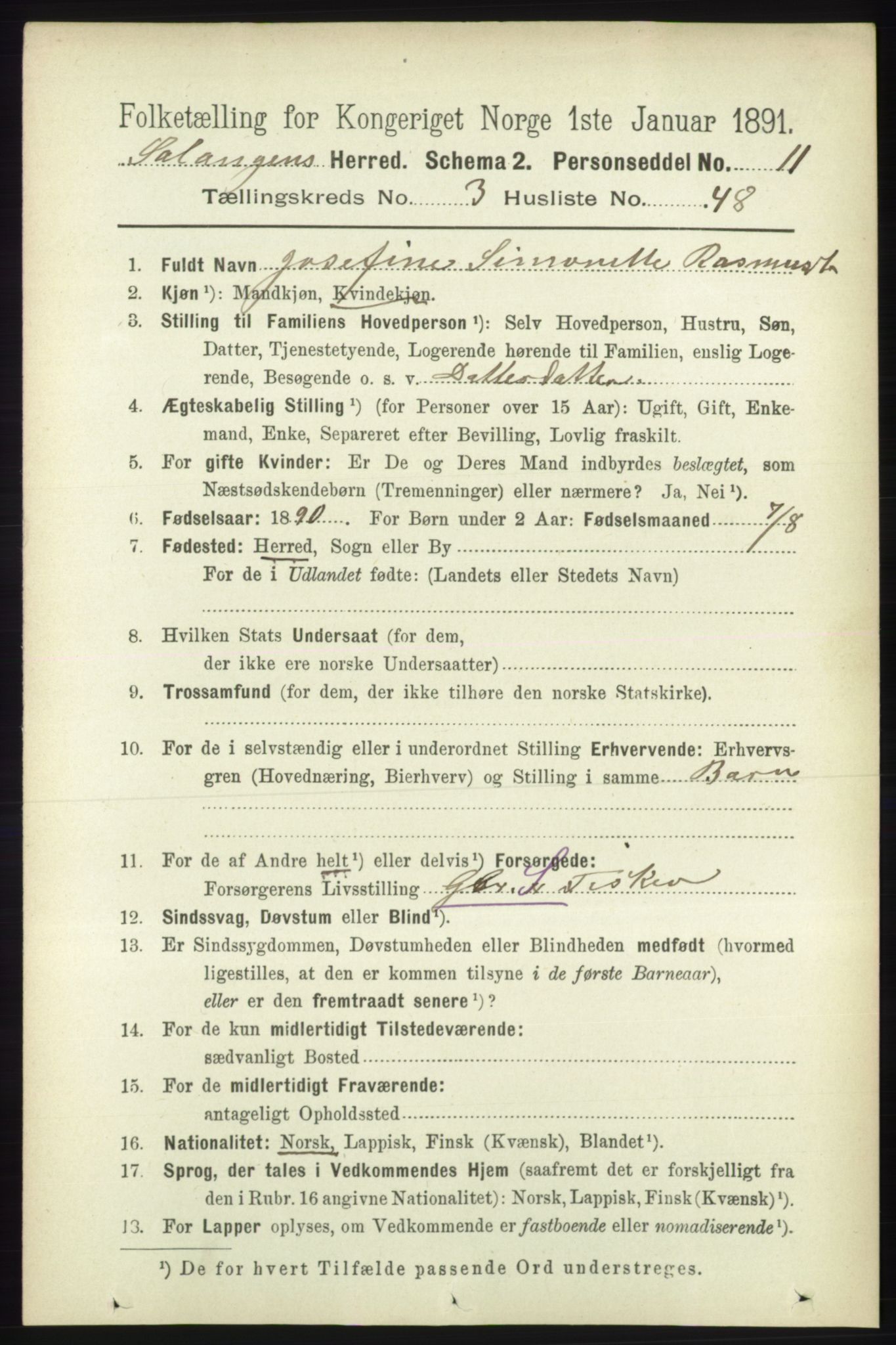 RA, 1891 census for 1921 Salangen, 1891, p. 1502
