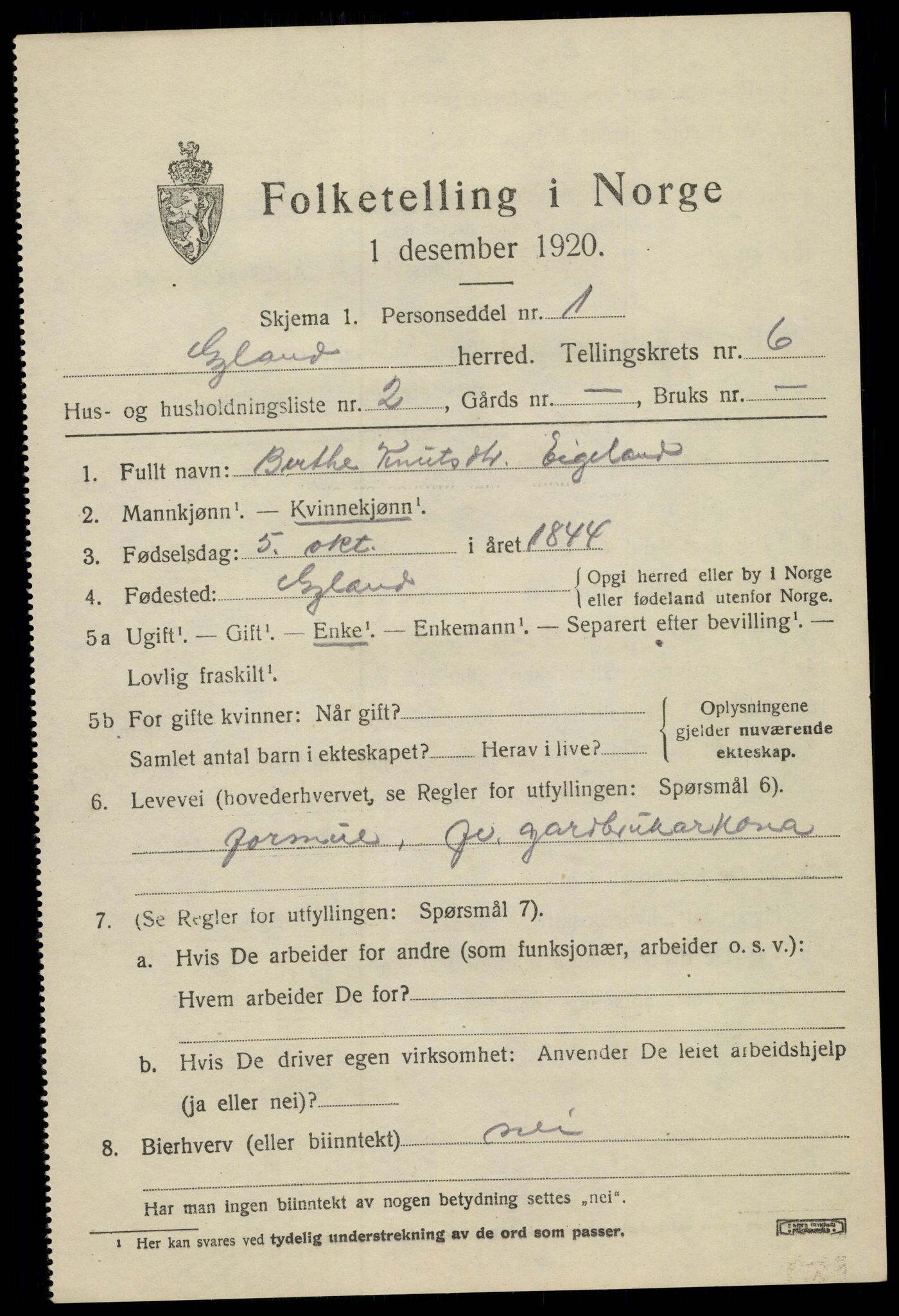 SAK, 1920 census for Gyland, 1920, p. 1342