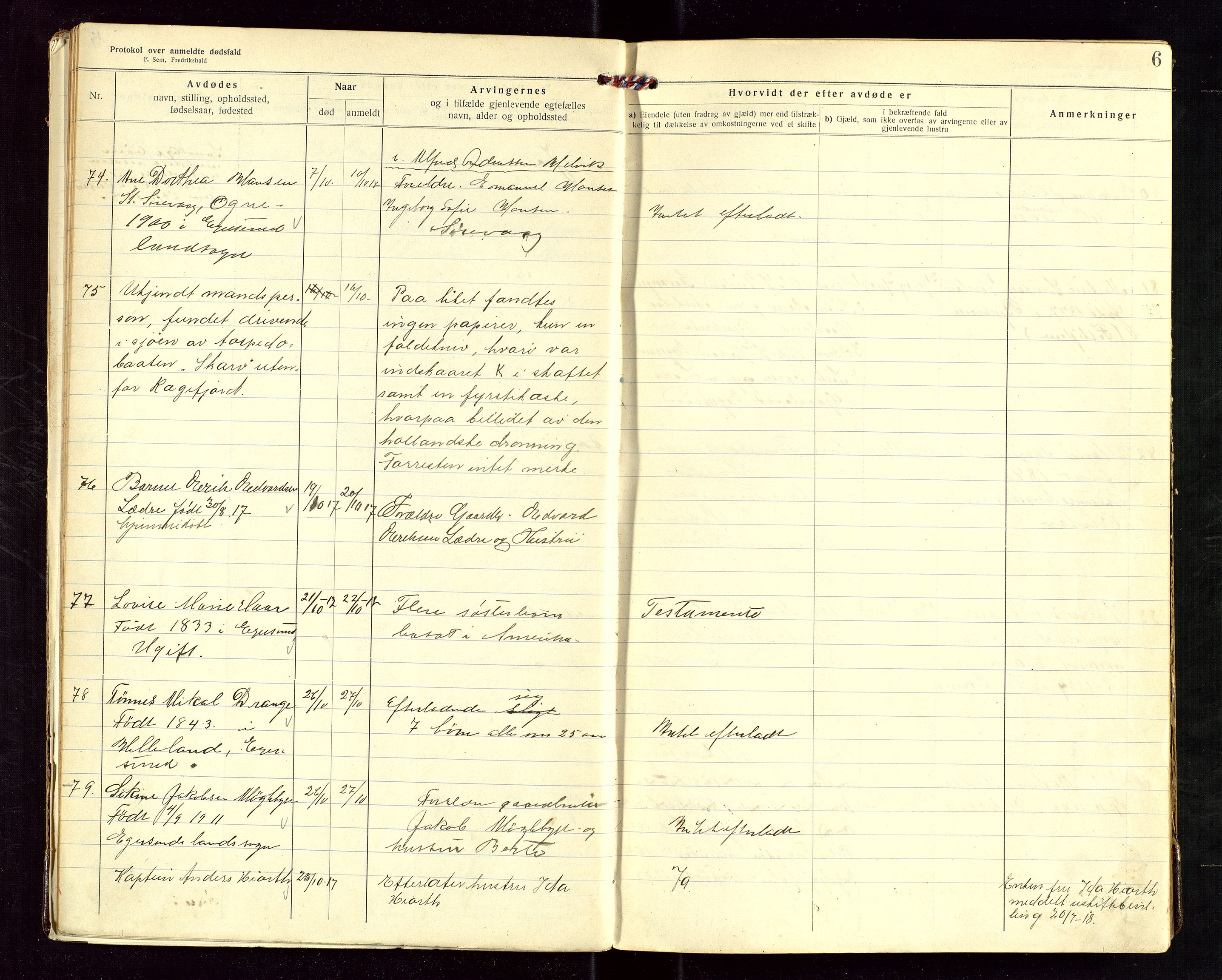 Eigersund lensmannskontor, AV/SAST-A-100171/Gga/L0007: "Protokol over anmeldte dødsfald" m/alfabetisk navneregister, 1917-1920, p. 6