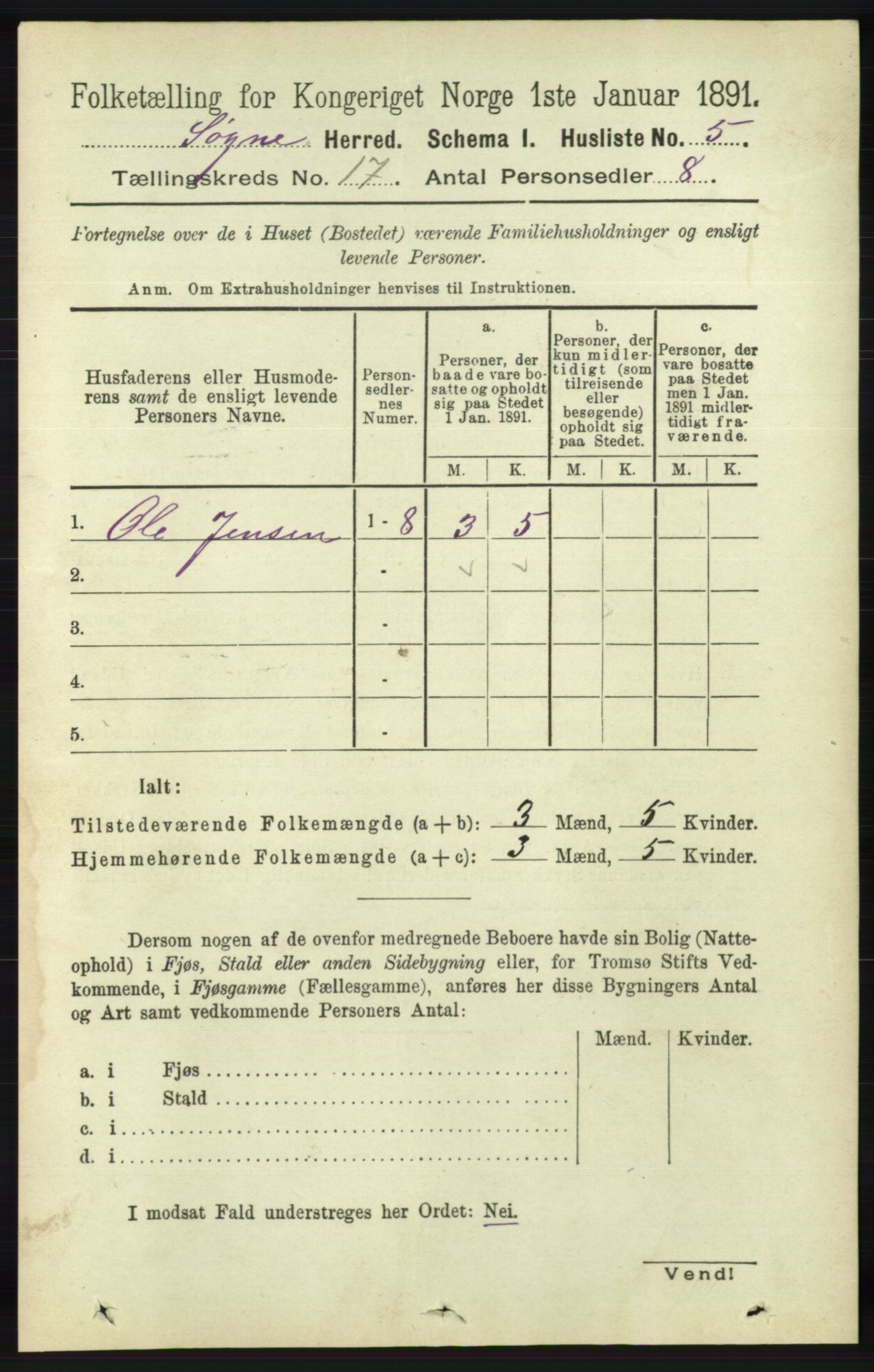 RA, 1891 census for 1018 Søgne, 1891, p. 4471