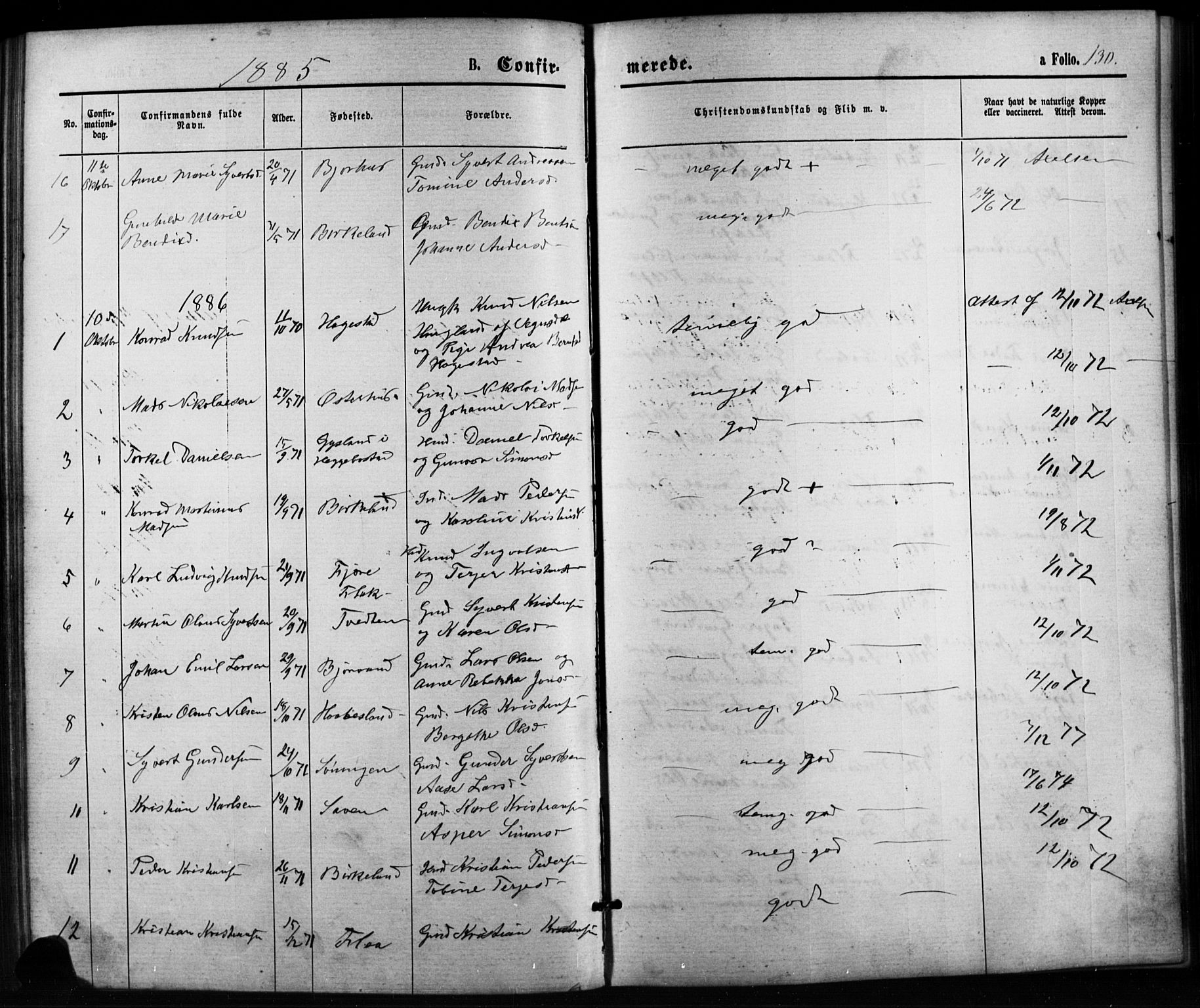 Birkenes sokneprestkontor, AV/SAK-1111-0004/F/Fb/L0003: Parish register (copy) no. B 3, 1876-1892, p. 130