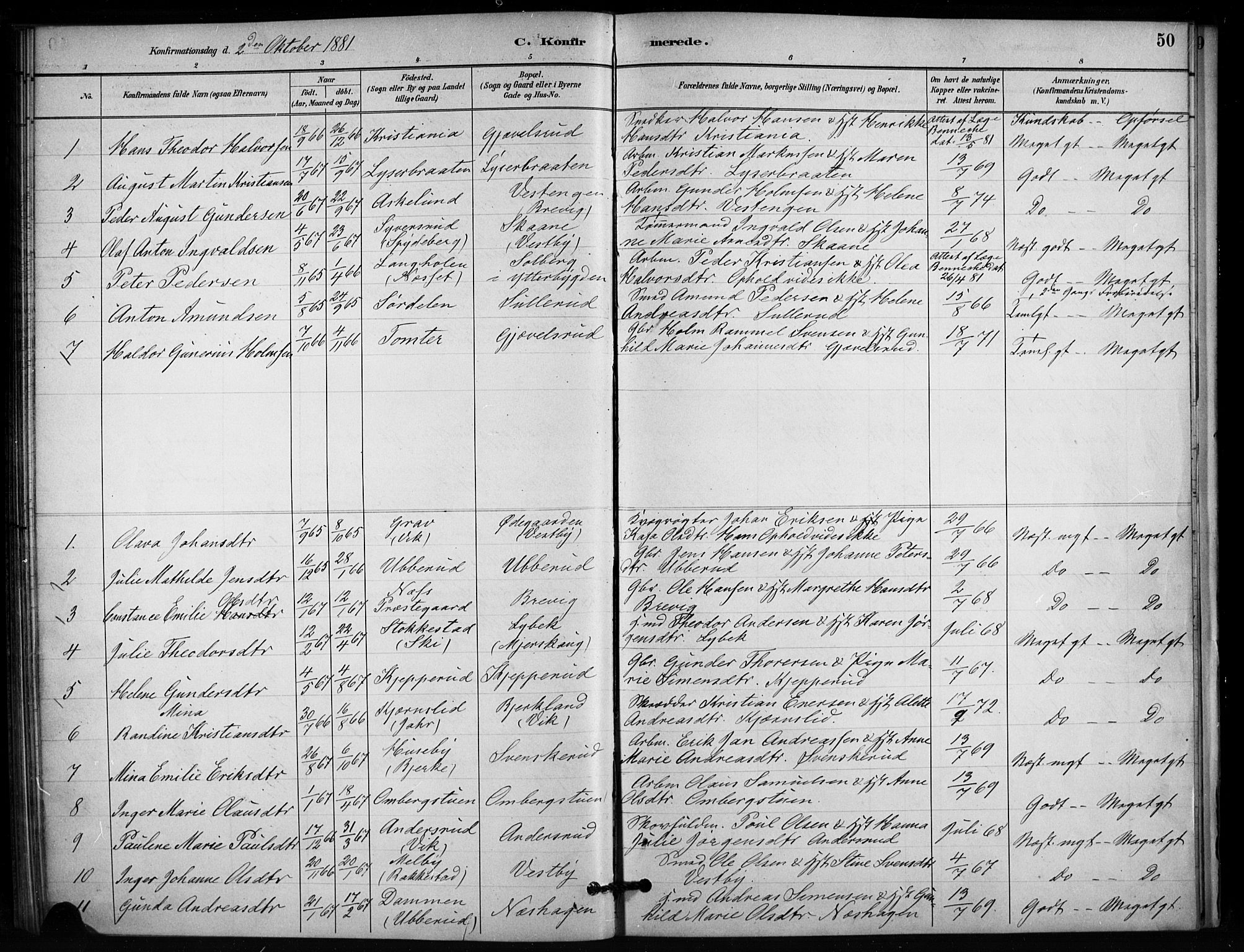 Enebakk prestekontor Kirkebøker, AV/SAO-A-10171c/F/Fb/L0001: Parish register (official) no. II 1, 1877-1902, p. 50