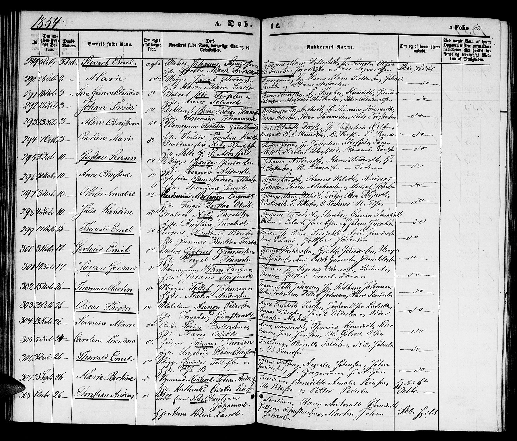 Kristiansand domprosti, SAK/1112-0006/F/Fb/L0011: Parish register (copy) no. B 11, 1851-1861, p. 62