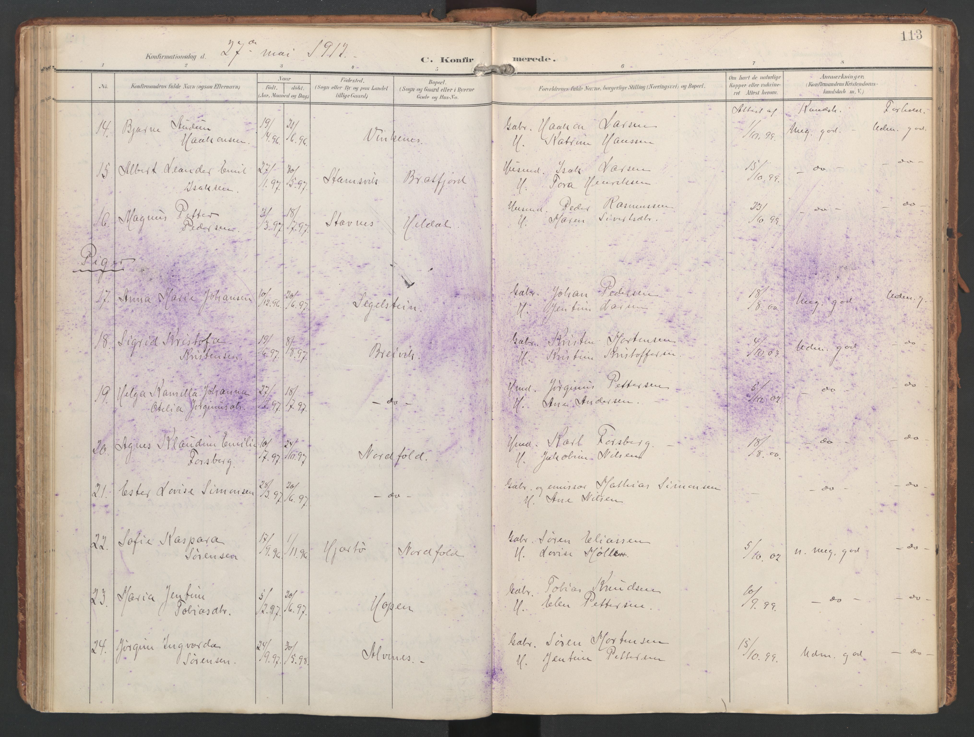 Ministerialprotokoller, klokkerbøker og fødselsregistre - Nordland, SAT/A-1459/858/L0832: Parish register (official) no. 858A02, 1902-1915, p. 113