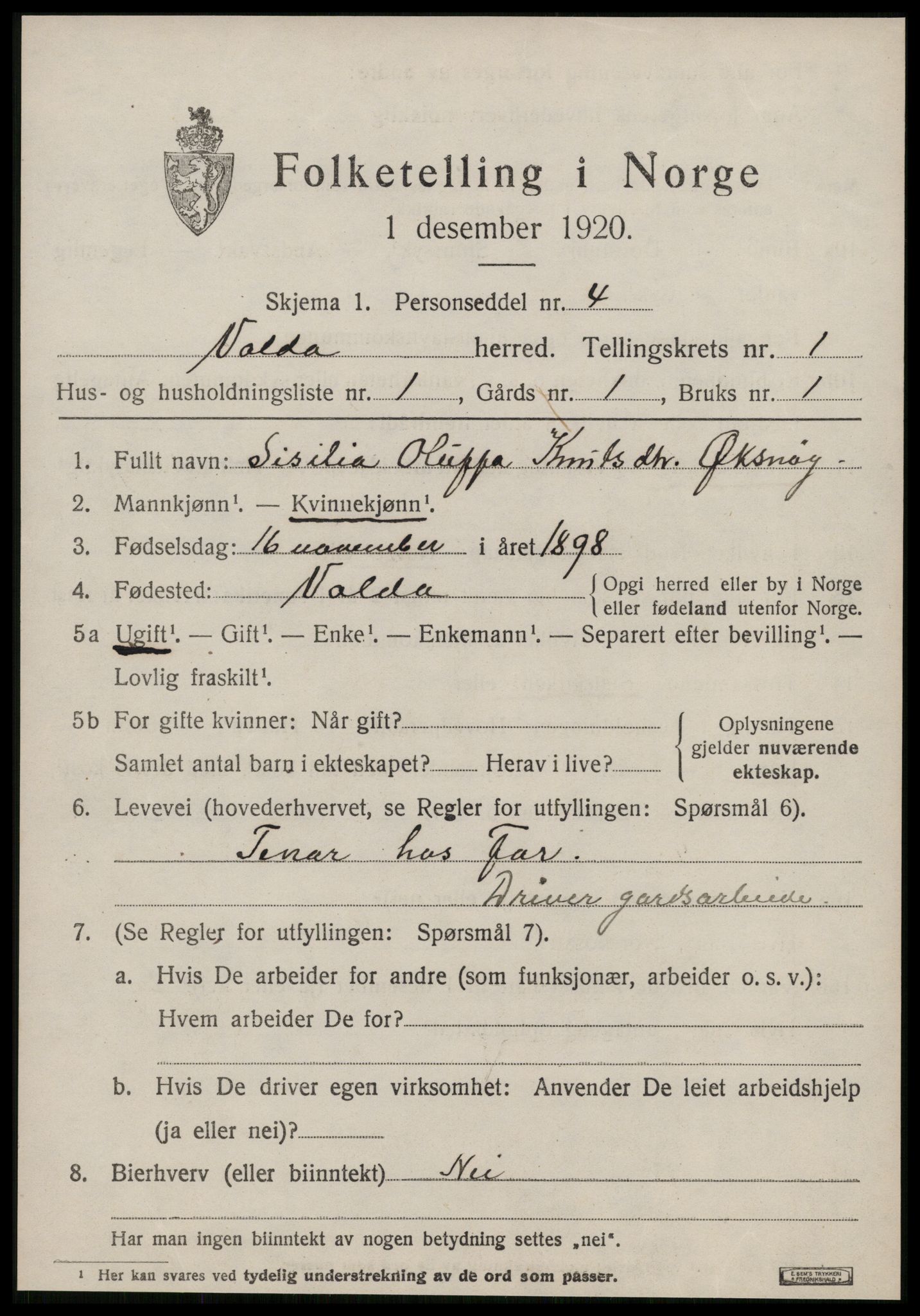 SAT, 1920 census for Volda, 1920, p. 1886