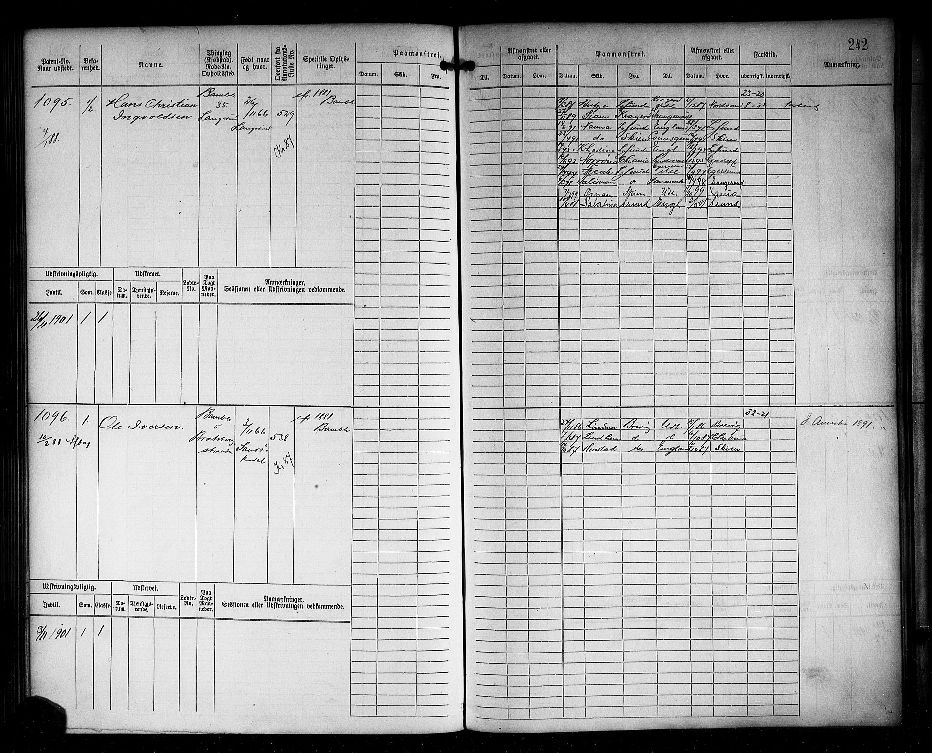 Langesund innrulleringskontor, AV/SAKO-A-831/F/Fc/L0003: Hovedrulle, 1870-1891, p. 244