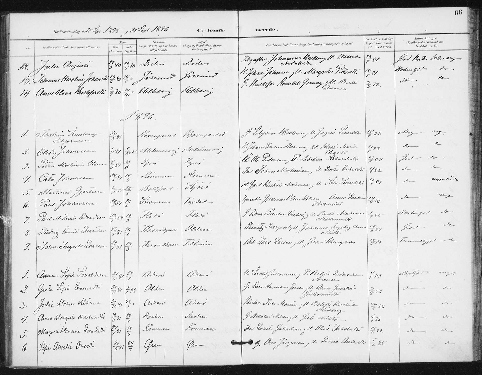 Ministerialprotokoller, klokkerbøker og fødselsregistre - Sør-Trøndelag, AV/SAT-A-1456/654/L0664: Parish register (official) no. 654A02, 1895-1907, p. 66