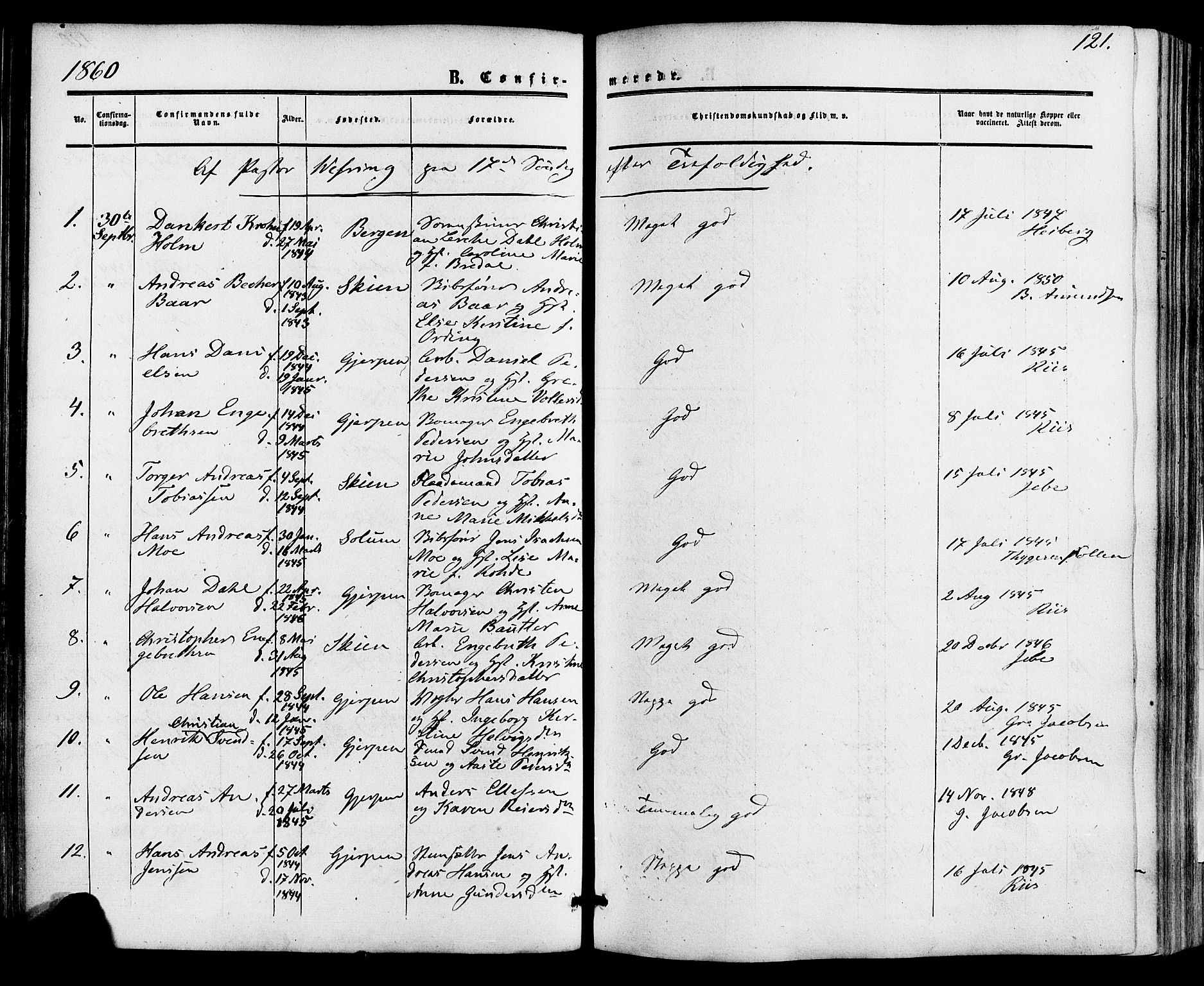 Skien kirkebøker, SAKO/A-302/F/Fa/L0007: Parish register (official) no. 7, 1856-1865, p. 121