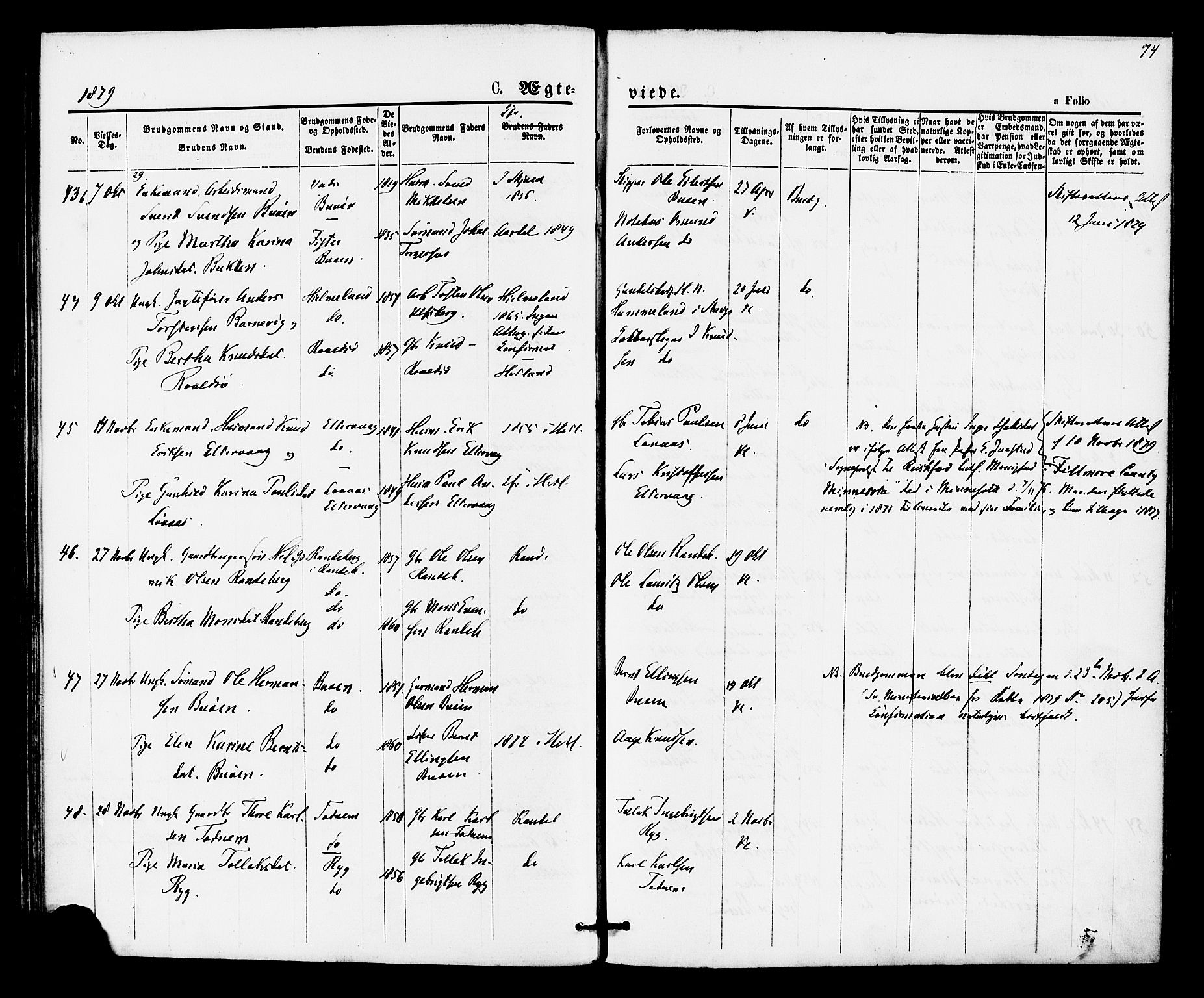 Hetland sokneprestkontor, AV/SAST-A-101826/30/30BA/L0005: Parish register (official) no. A 5, 1869-1884, p. 74