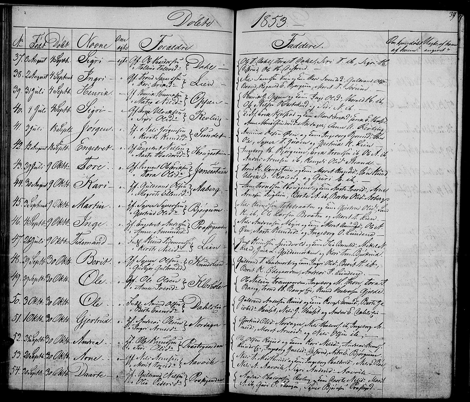 Nord-Aurdal prestekontor, SAH/PREST-132/H/Ha/Hab/L0002: Parish register (copy) no. 2, 1842-1877, p. 39