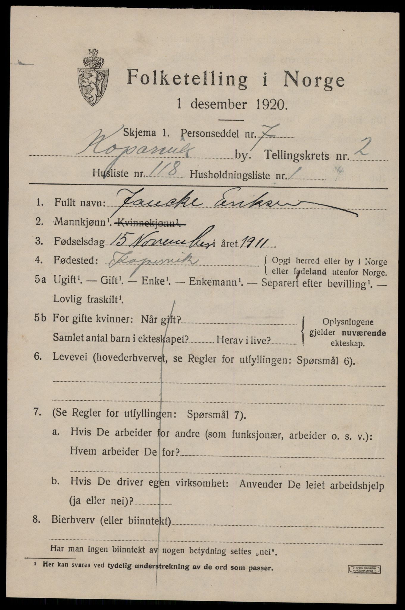 SAST, 1920 census for Kopervik, 1920, p. 4088