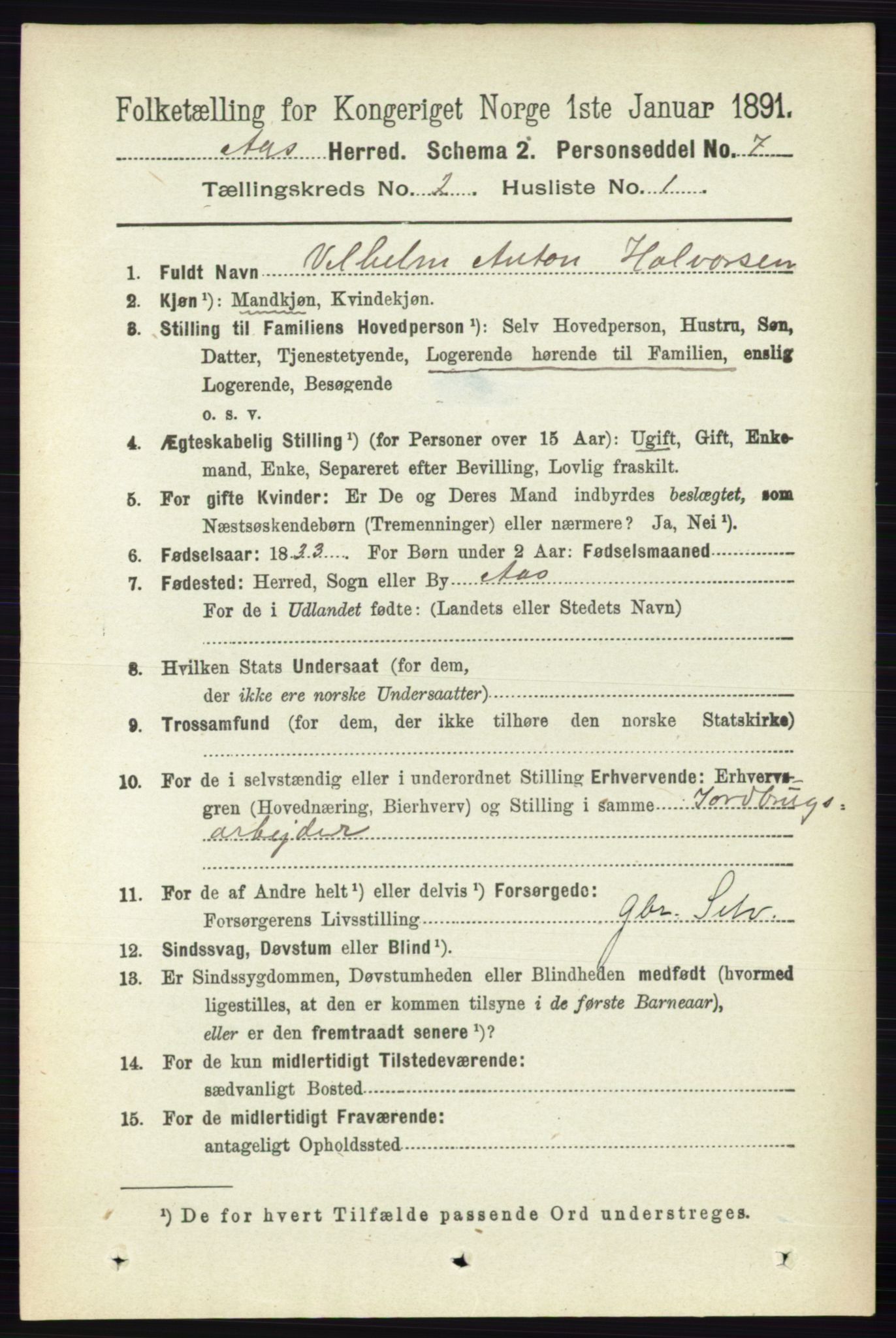 RA, 1891 census for 0214 Ås, 1891, p. 1581