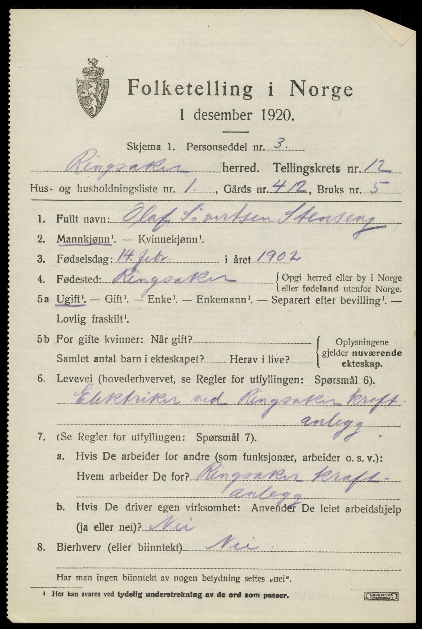 SAH, 1920 census for Ringsaker, 1920, p. 19378