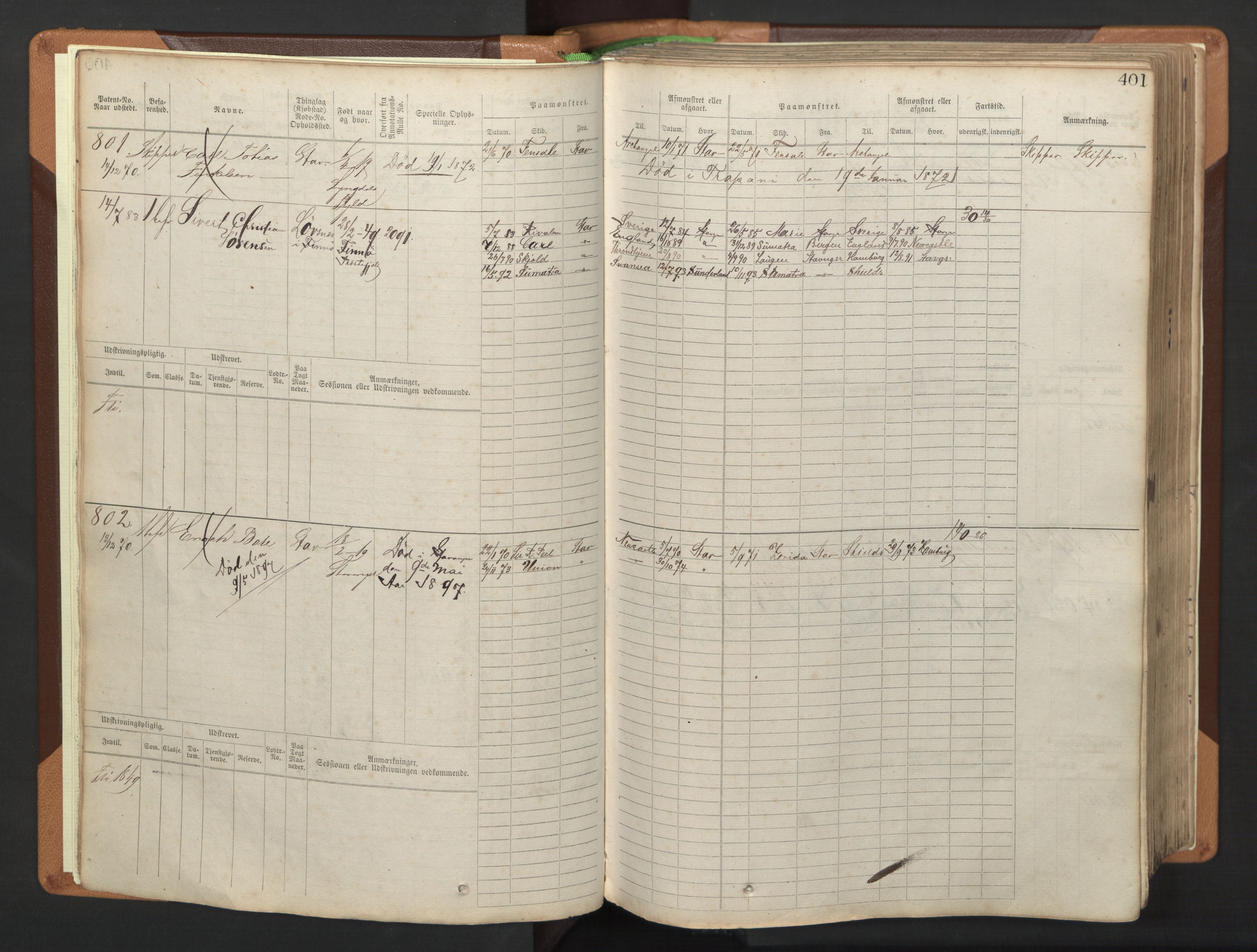 Stavanger sjømannskontor, AV/SAST-A-102006/F/Fb/Fbb/L0005: Sjøfartshovedrulle, patentnr. 793-1606 (del 2), 1869-1880, p. 7