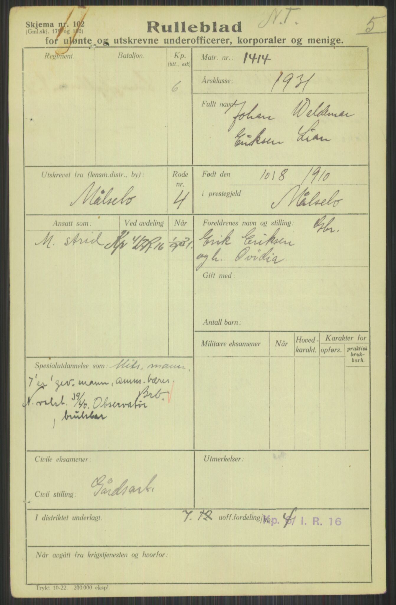 Forsvaret, Troms infanteriregiment nr. 16, AV/RA-RAFA-3146/P/Pa/L0015: Rulleblad for regimentets menige mannskaper, årsklasse 1931, 1931, p. 705