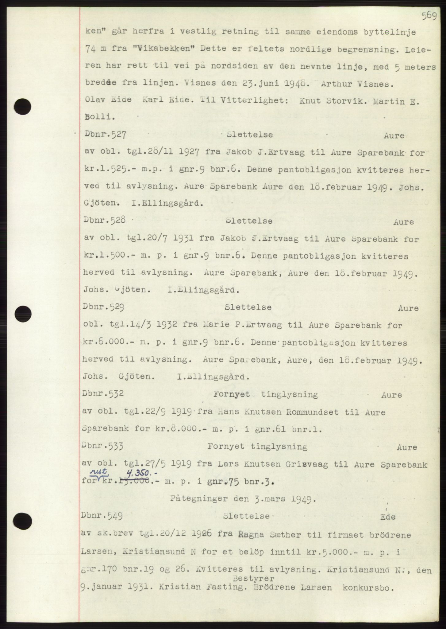 Nordmøre sorenskriveri, SAT/A-4132/1/2/2Ca: Mortgage book no. C82b, 1946-1951, Diary no: : 527/1949