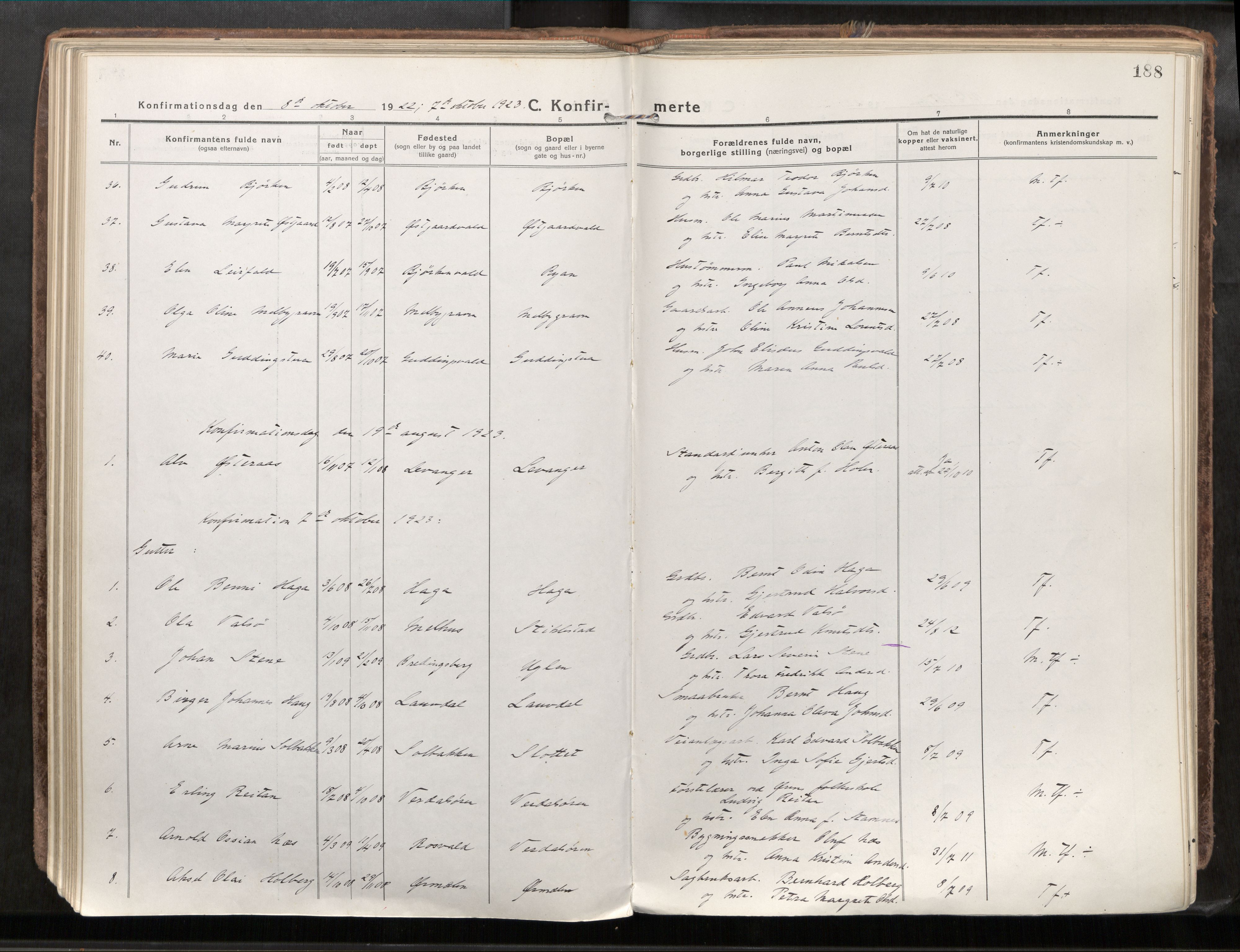 Verdal sokneprestkontor, AV/SAT-A-1156/2/H/Haa/L0001: Parish register (official) no. 1, 1917-1932, p. 188