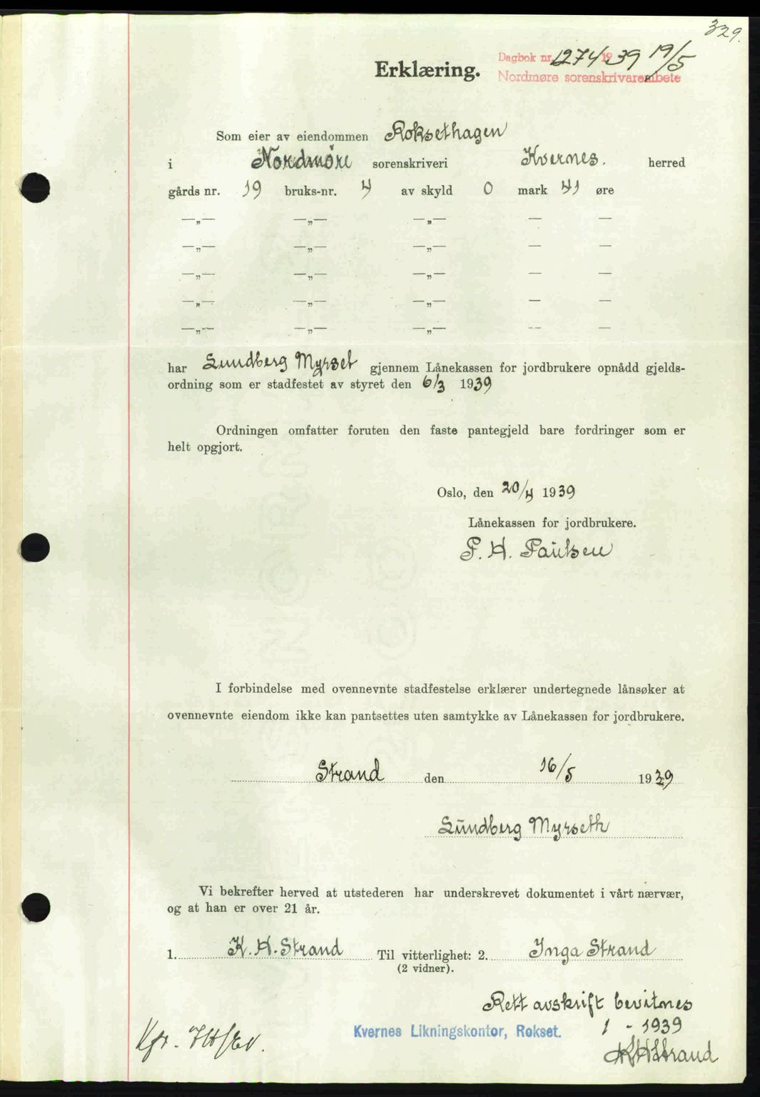 Nordmøre sorenskriveri, AV/SAT-A-4132/1/2/2Ca: Mortgage book no. B85, 1939-1939, Diary no: : 1274/1939