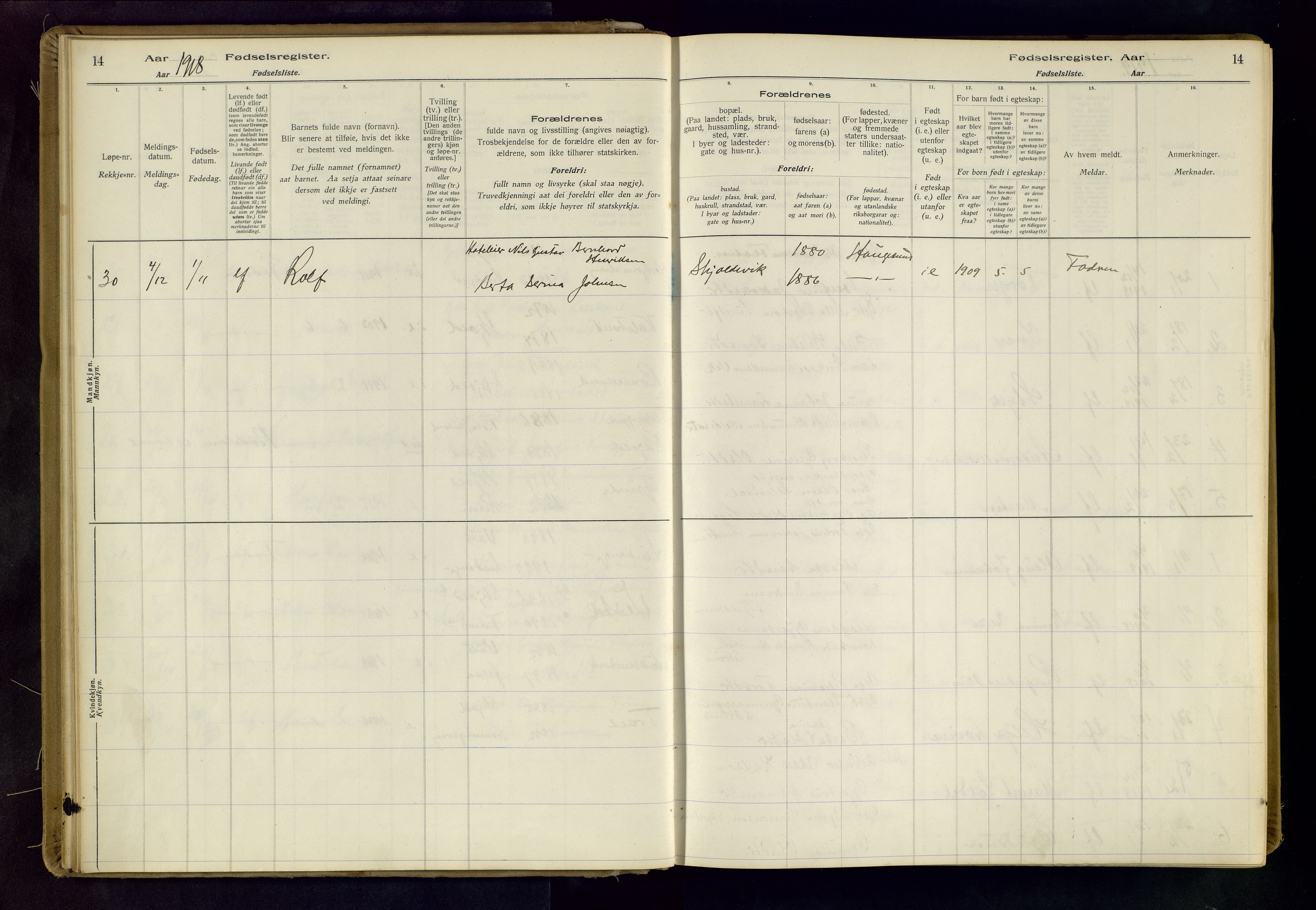 Skjold sokneprestkontor, SAST/A-101847/I/Id/L0001: Birth register no. 1, 1917-1951, p. 14