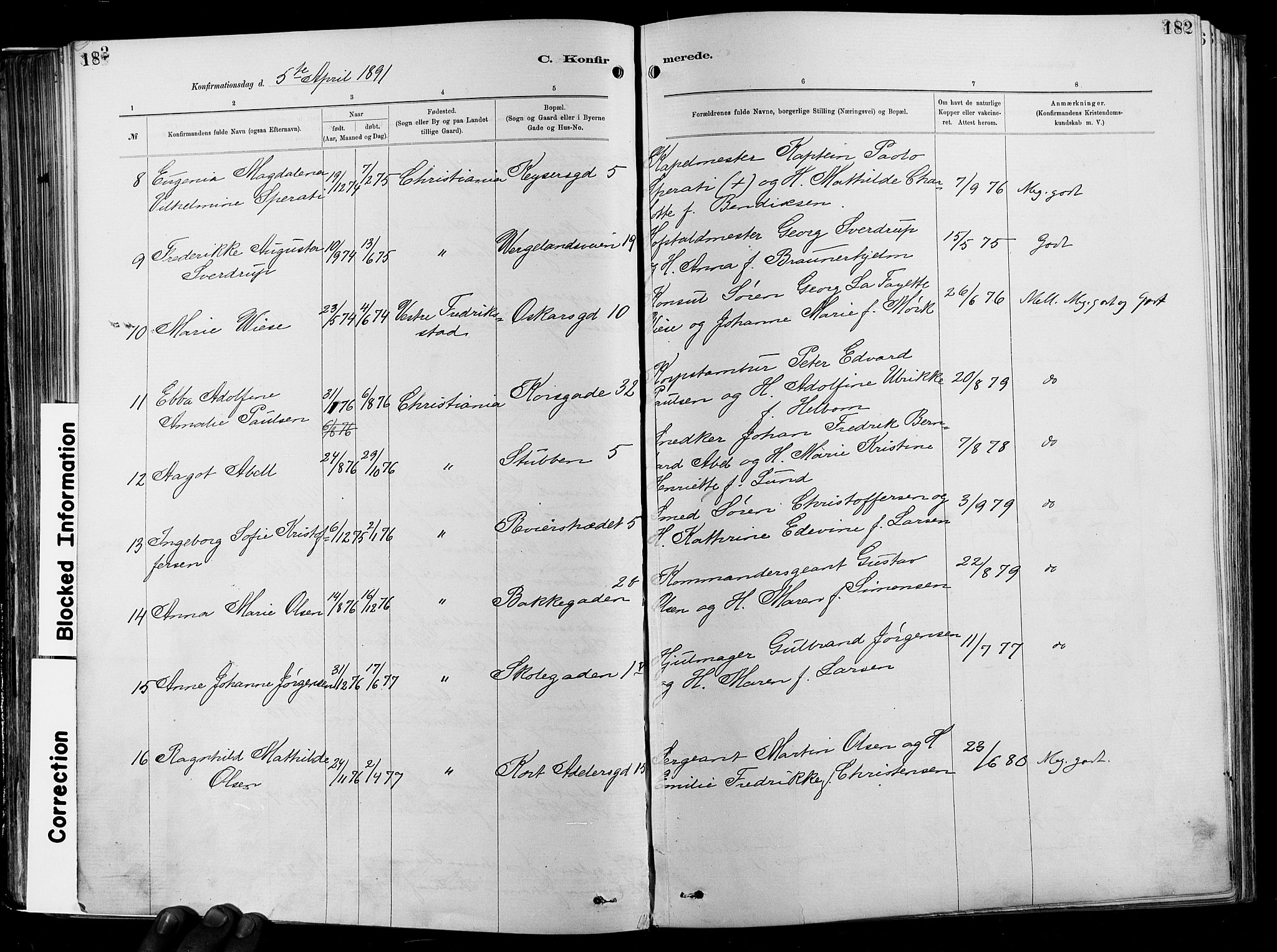 Garnisonsmenigheten Kirkebøker, AV/SAO-A-10846/F/Fa/L0012: Parish register (official) no. 12, 1880-1893, p. 182