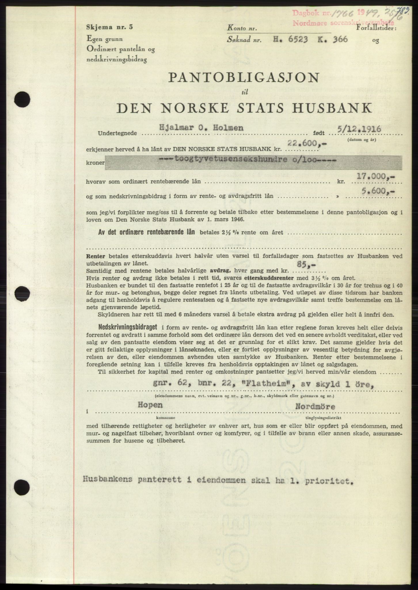 Nordmøre sorenskriveri, AV/SAT-A-4132/1/2/2Ca: Mortgage book no. B101, 1949-1949, Diary no: : 1766/1949