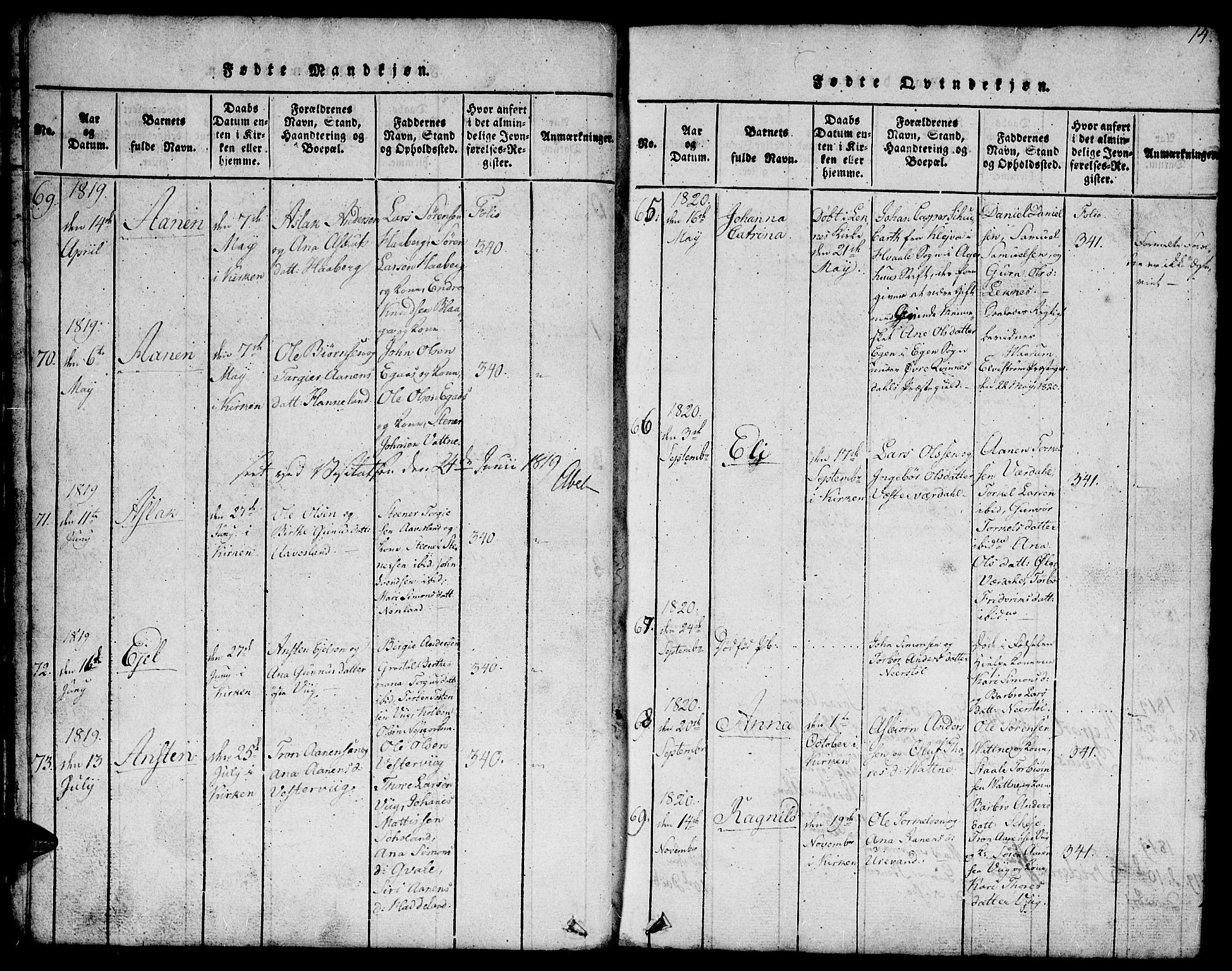 Hægebostad sokneprestkontor, AV/SAK-1111-0024/F/Fb/Fbb/L0001: Parish register (copy) no. B 1, 1816-1850, p. 14