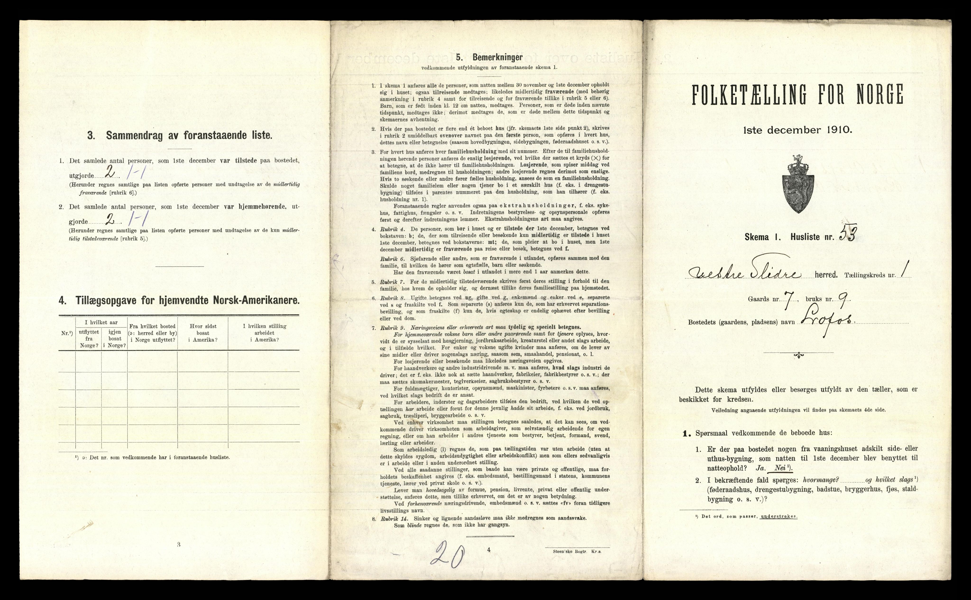 RA, 1910 census for Vestre Slidre, 1910, p. 149