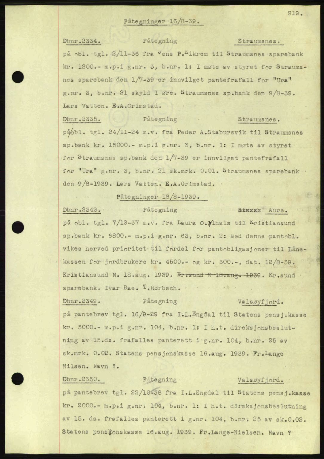 Nordmøre sorenskriveri, AV/SAT-A-4132/1/2/2Ca: Mortgage book no. C80, 1936-1939, Diary no: : 2334/1939