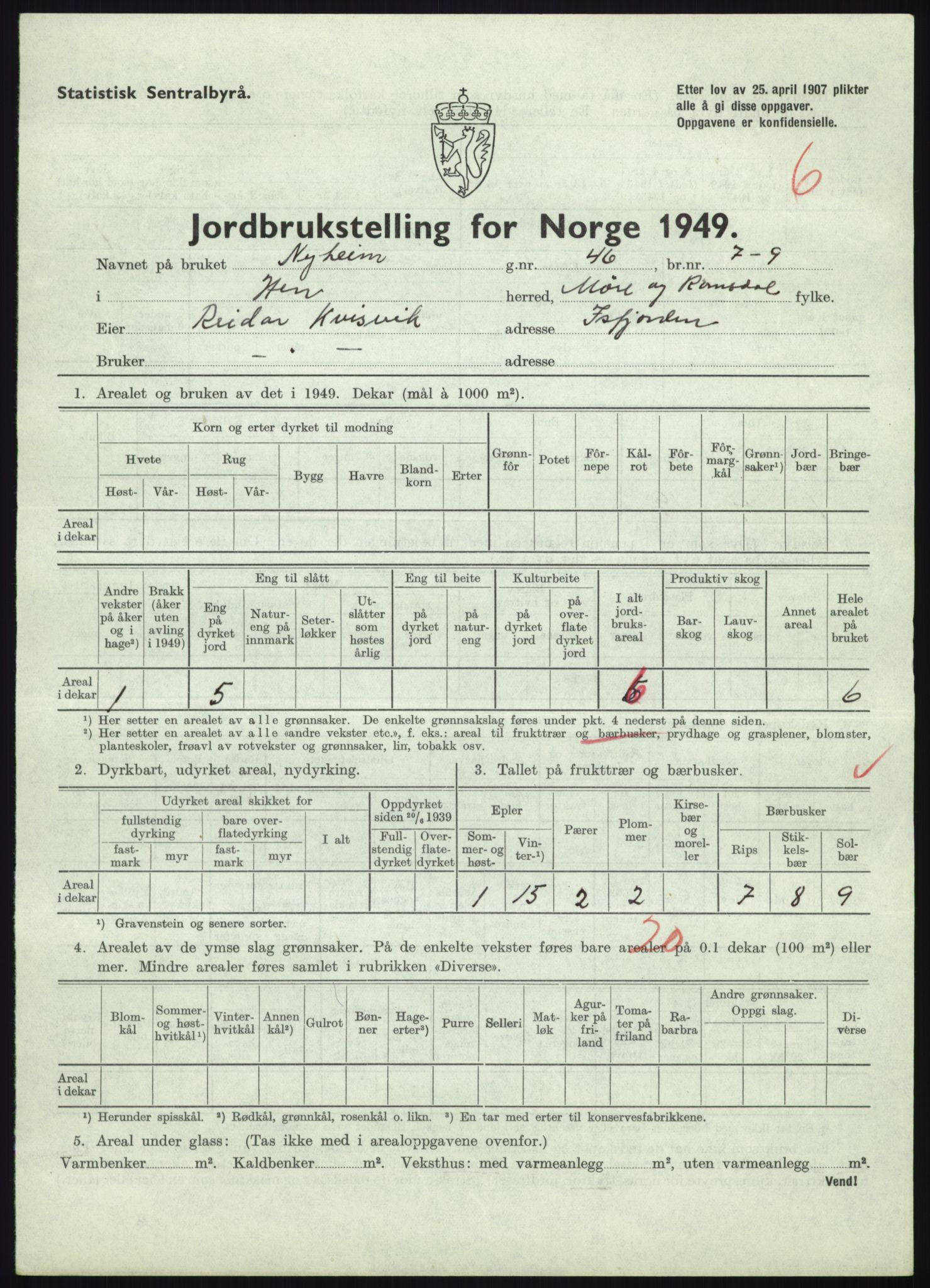 Statistisk sentralbyrå, Næringsøkonomiske emner, Jordbruk, skogbruk, jakt, fiske og fangst, AV/RA-S-2234/G/Gc/L0323: Møre og Romsdal: Grytten og Hen, 1949, p. 521