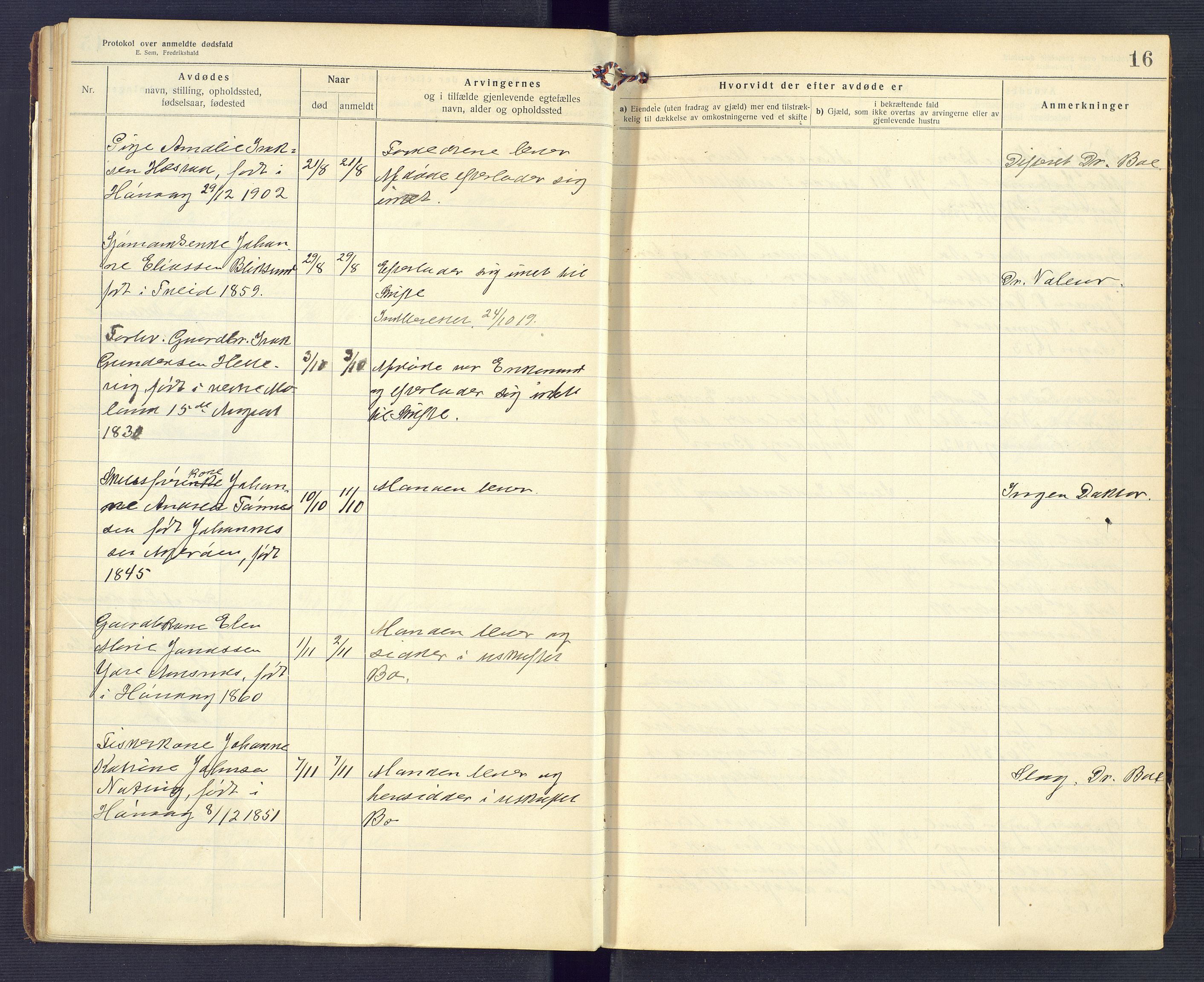 Høvåg lensmannskontor, SAK/1241-0024/F/Fe/L0041: Protokoll over anmeldte dødsfall, 1916-1933, p. 16