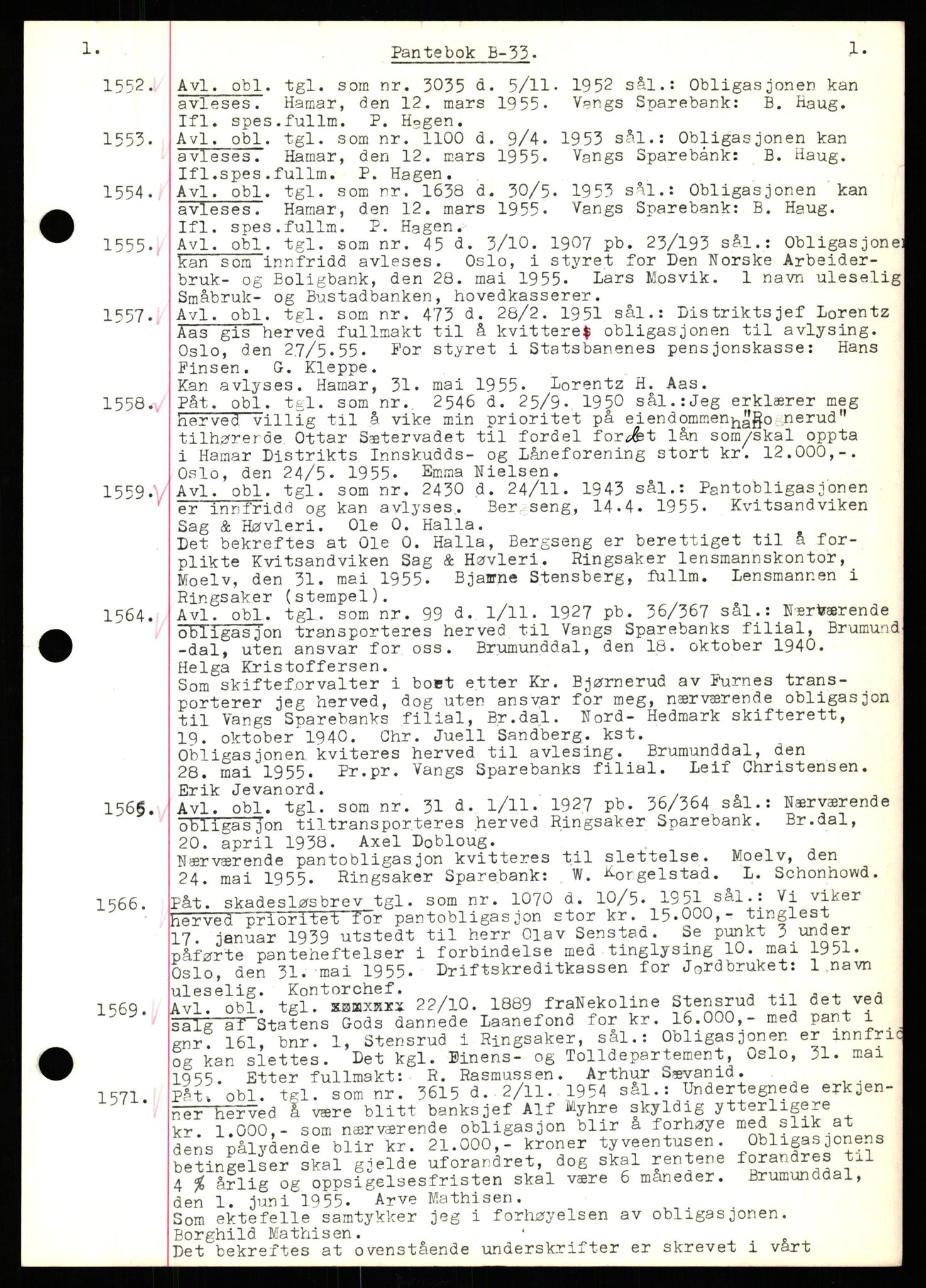 Nord-Hedmark sorenskriveri, SAH/TING-012/H/Hb/Hbf/L0033: Mortgage book no. B33, 1955-1955, Diary no: : 1552/1955